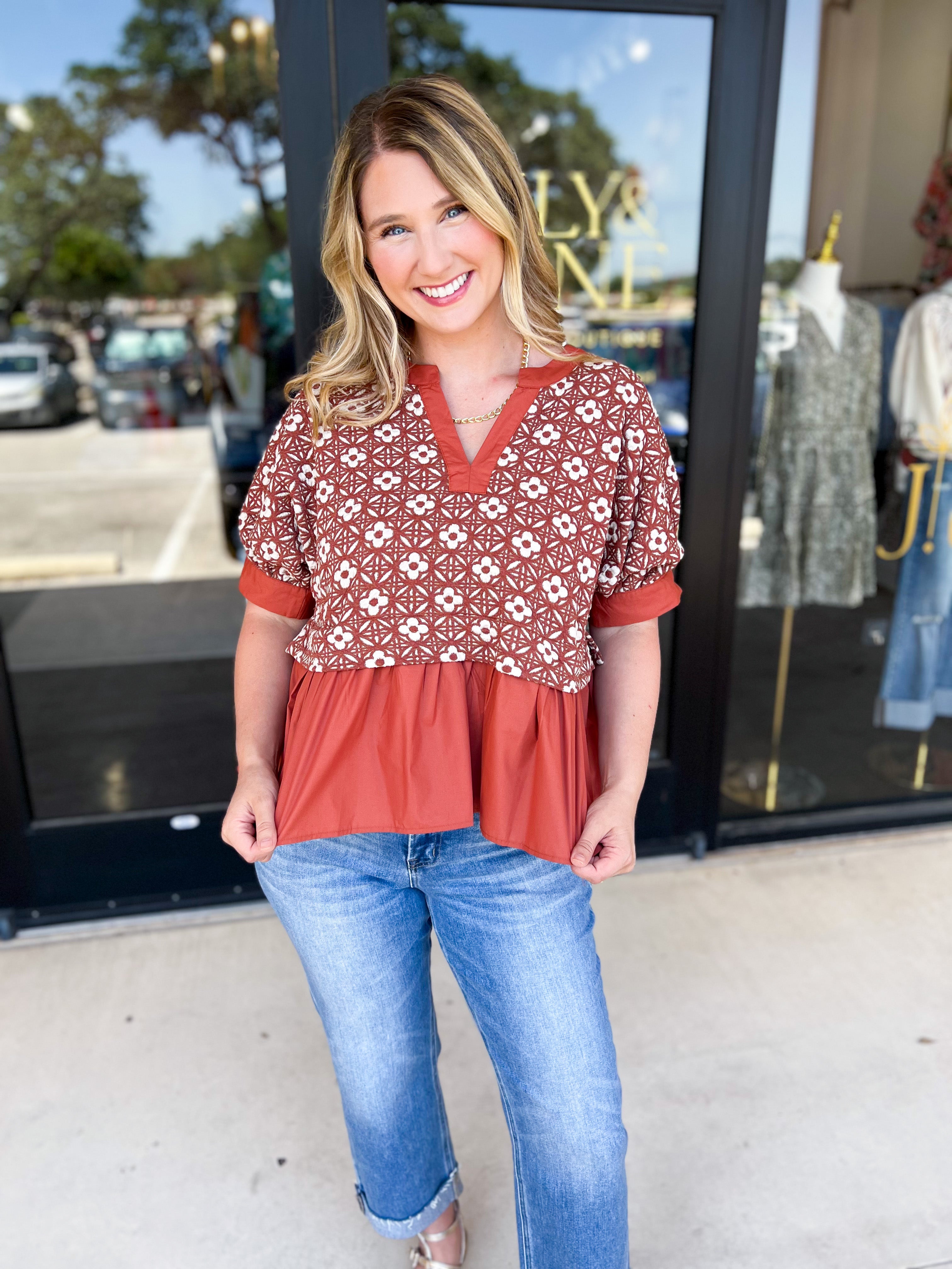 The Fall Peplum Top - Rust-200 Fashion Blouses-ENTRO-July & June Women's Fashion Boutique Located in San Antonio, Texas