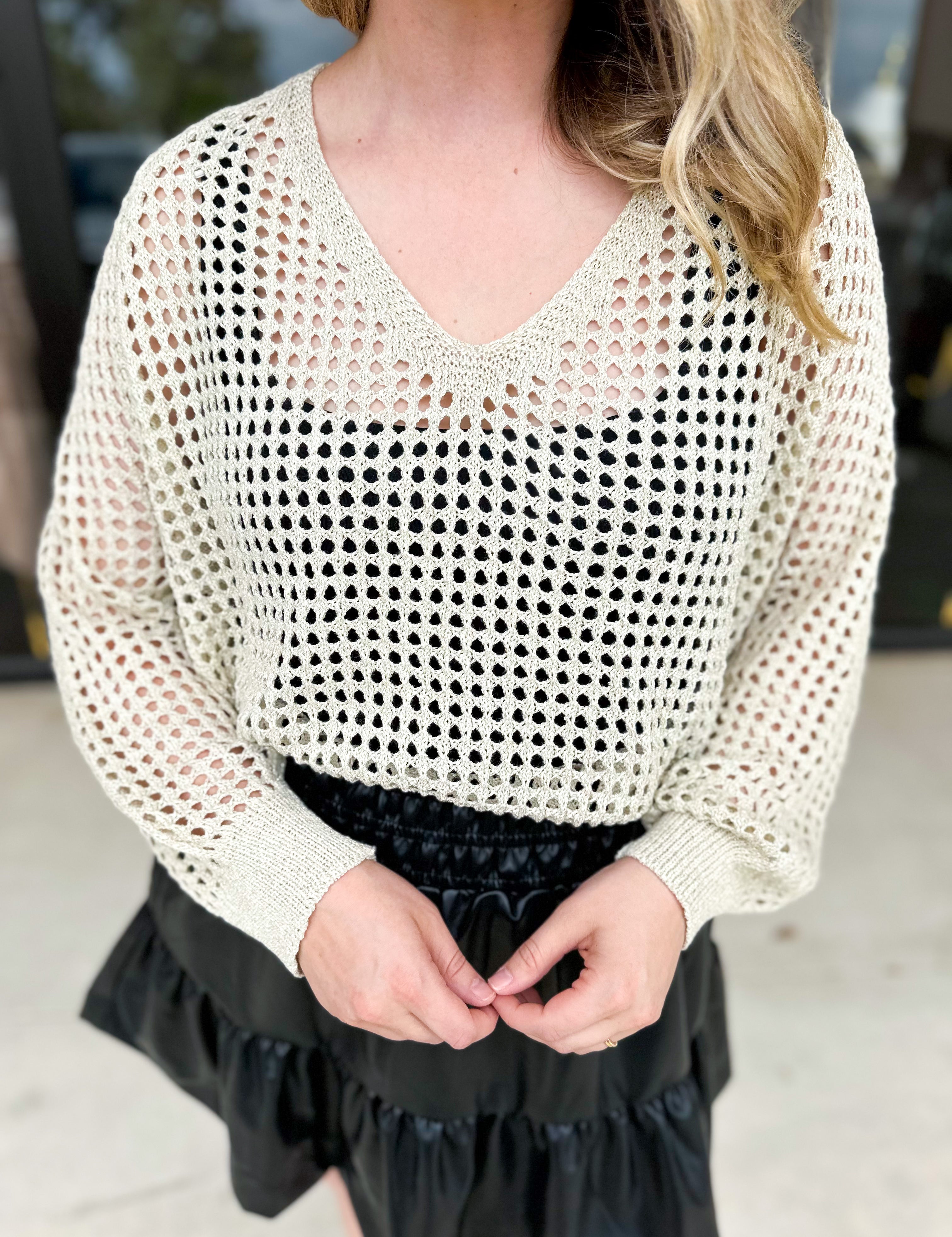 Foil Knit Sweater Top - Champagne Gold-230 Sweaters/Cardis-ALLIE ROSE-July & June Women's Fashion Boutique Located in San Antonio, Texas