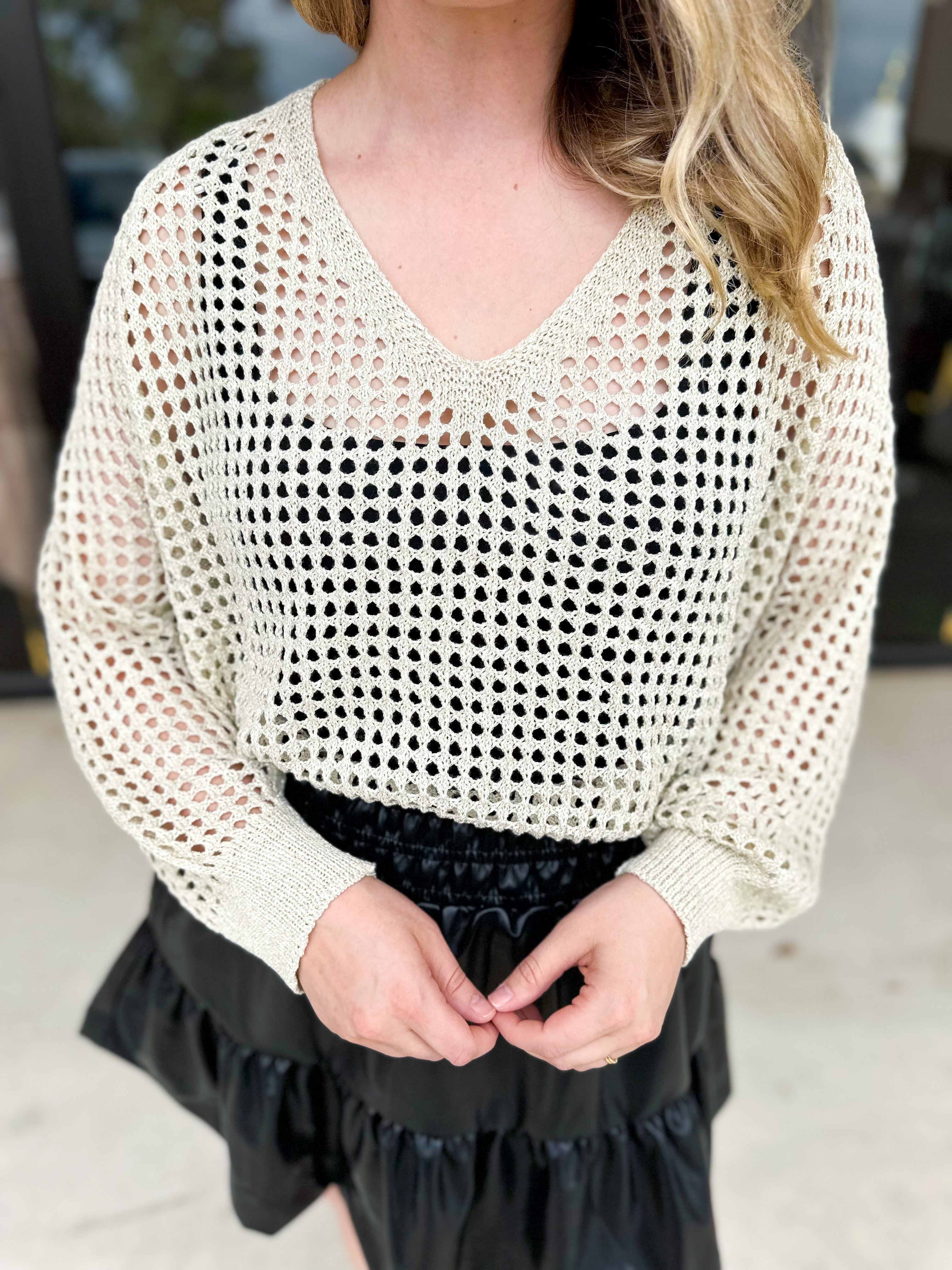 Foil Knit Sweater Top - Champagne Gold-230 Sweaters/Cardis-ALLIE ROSE-July & June Women's Fashion Boutique Located in San Antonio, Texas