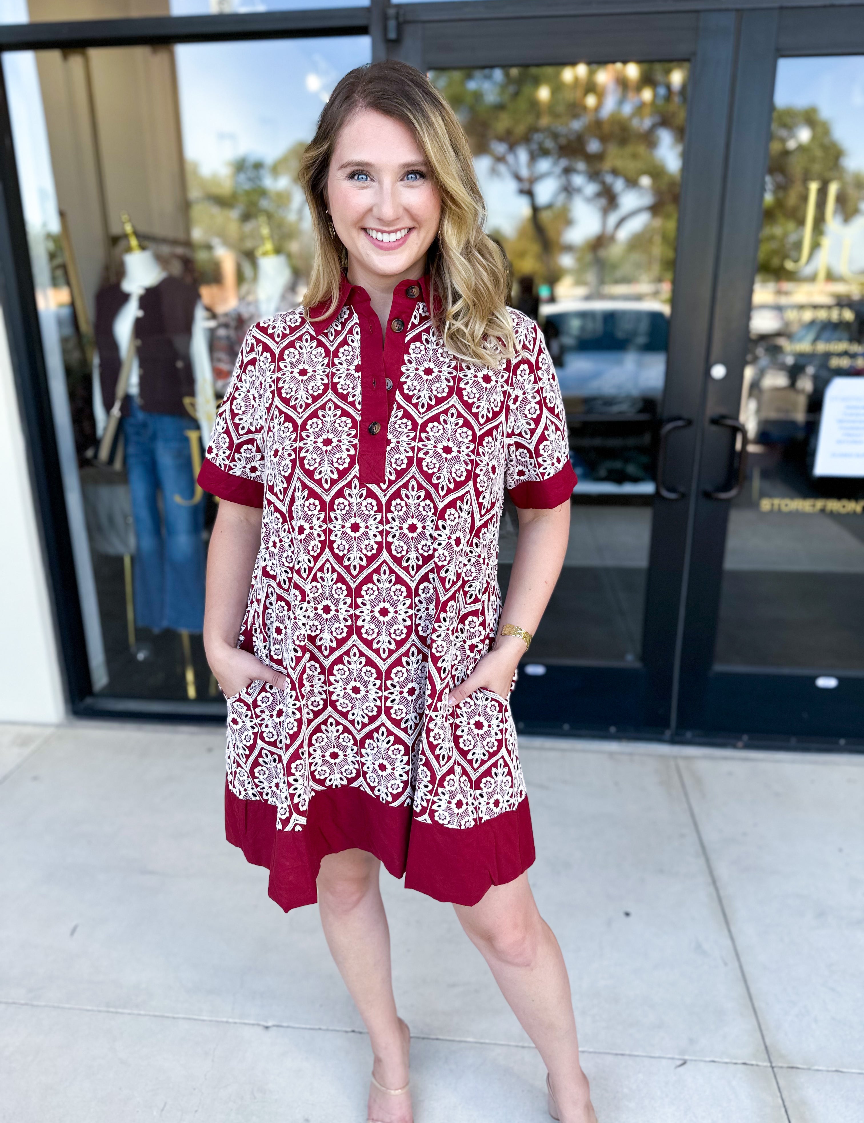 Burgundy Embroidered Mini Dress-510 Mini-ENTRO-July & June Women's Fashion Boutique Located in San Antonio, Texas