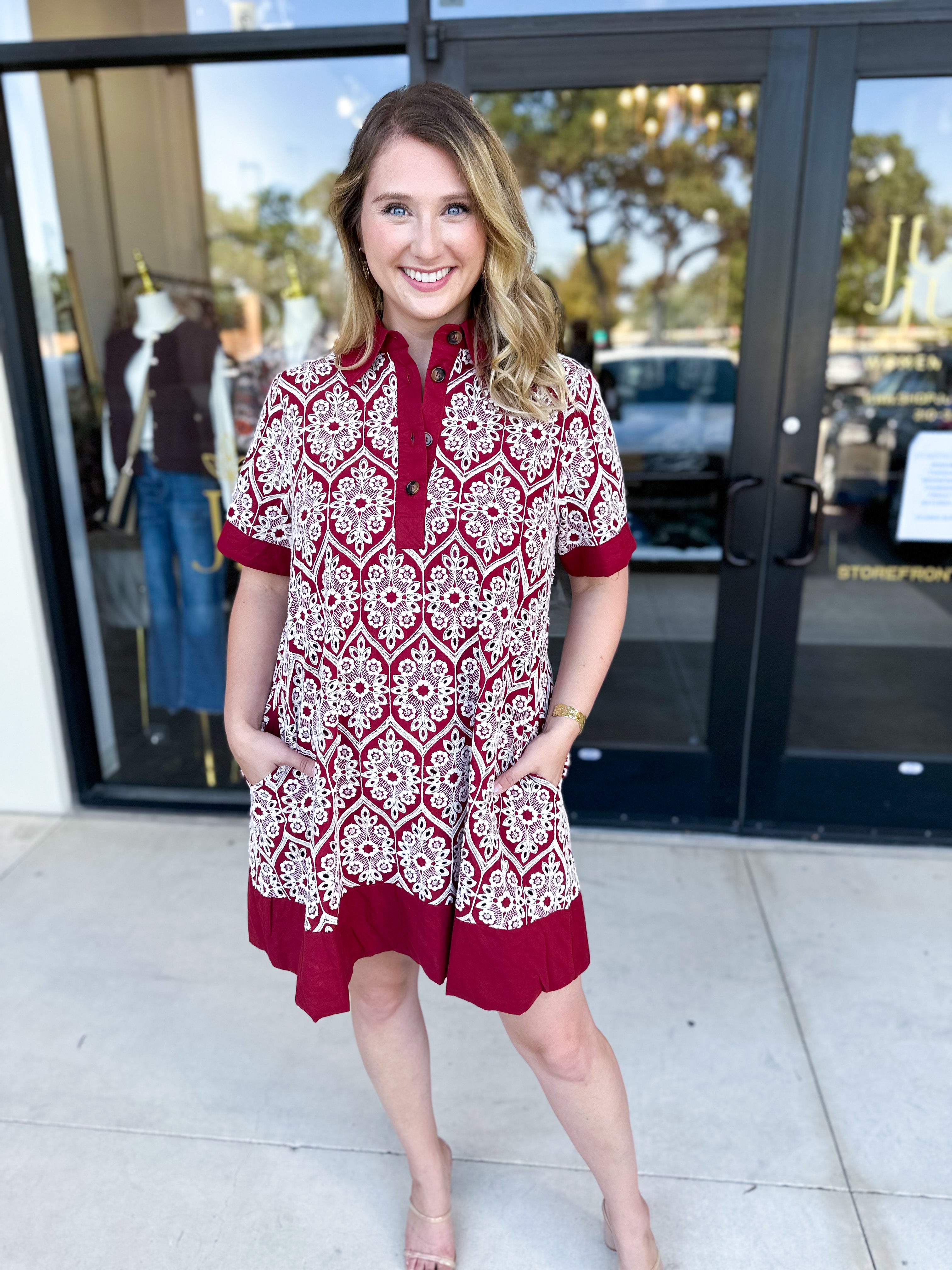 Burgundy Embroidered Mini Dress-510 Mini-ENTRO-July & June Women's Fashion Boutique Located in San Antonio, Texas