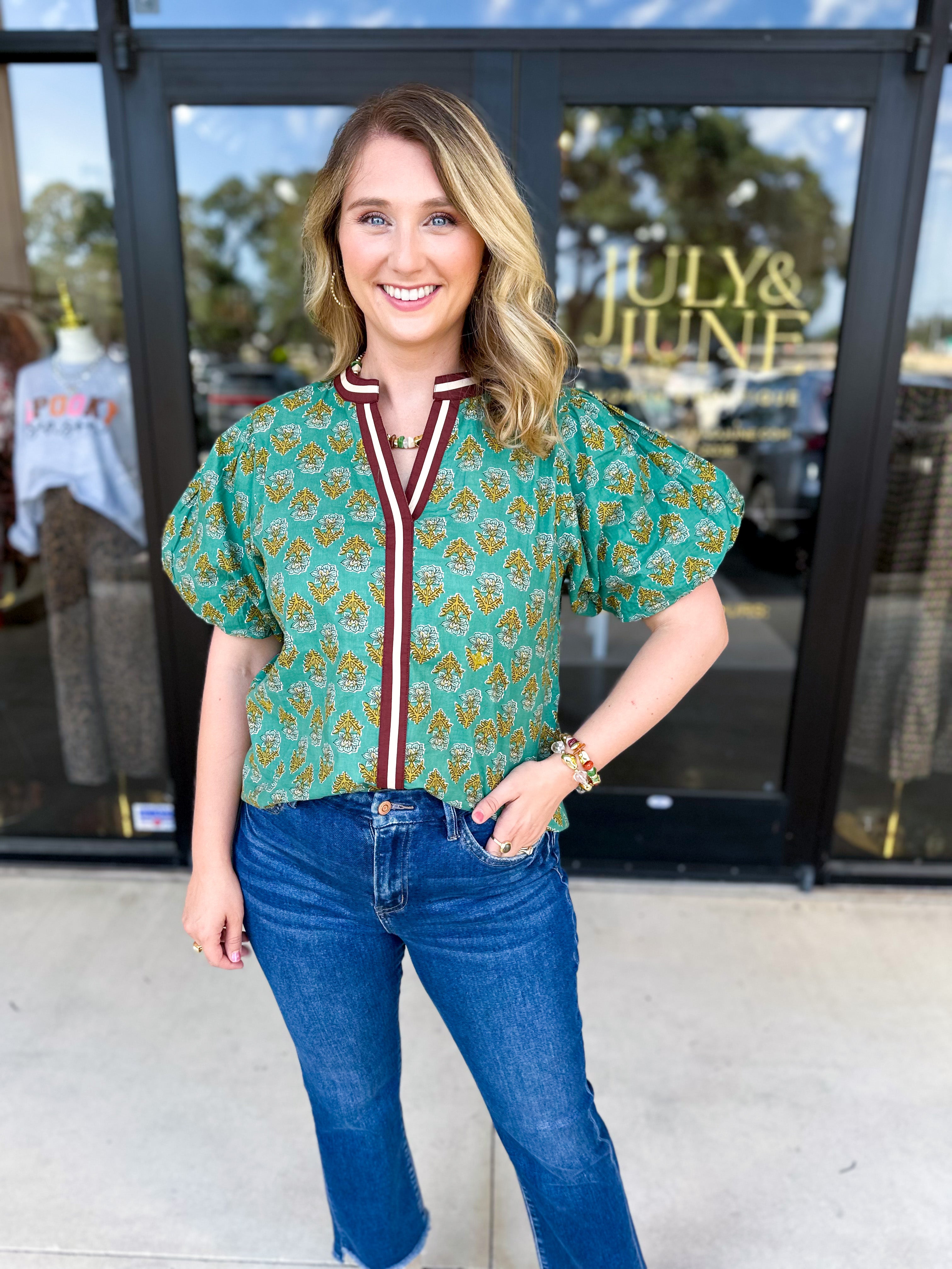 THML - Teal Paisley Blouse-200 Fashion Blouses-THML-July & June Women's Fashion Boutique Located in San Antonio, Texas