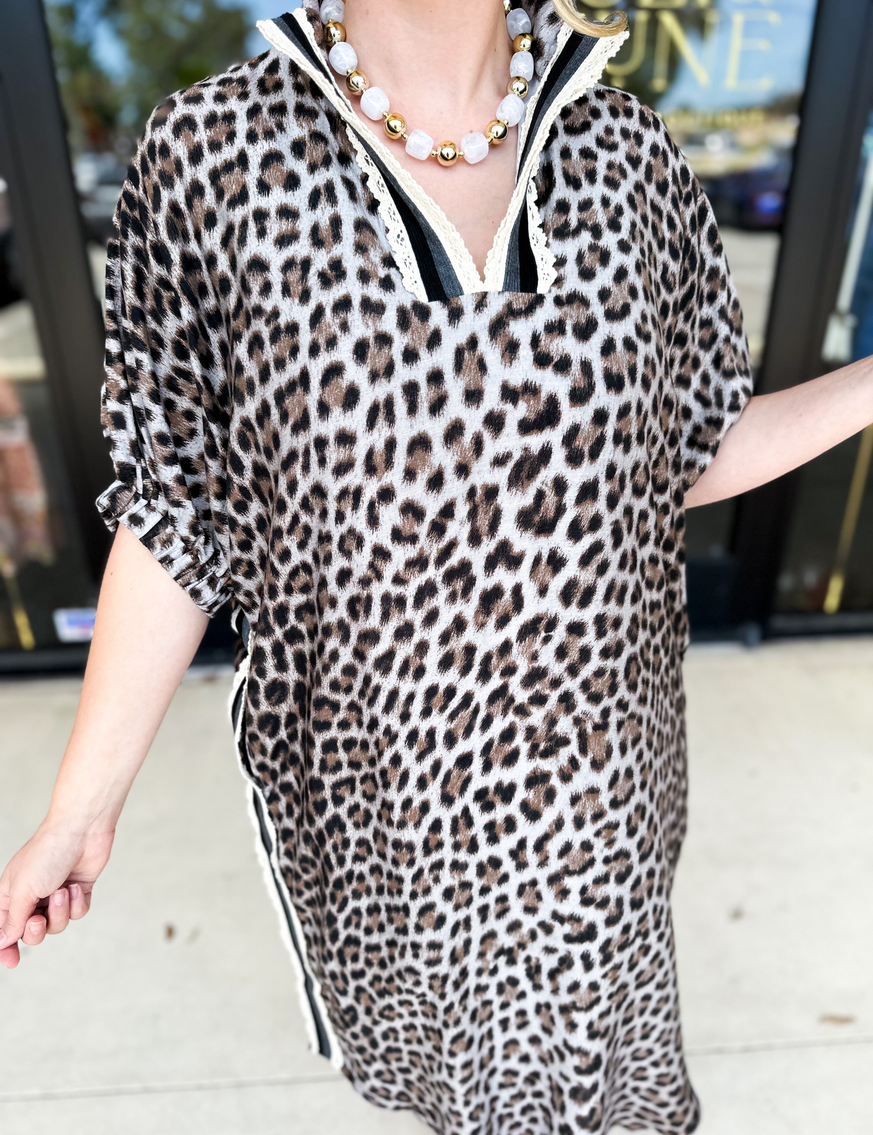 Leopard Caftan Midi Dress - Grey-500 Midi-ENTRO-July & June Women's Fashion Boutique Located in San Antonio, Texas
