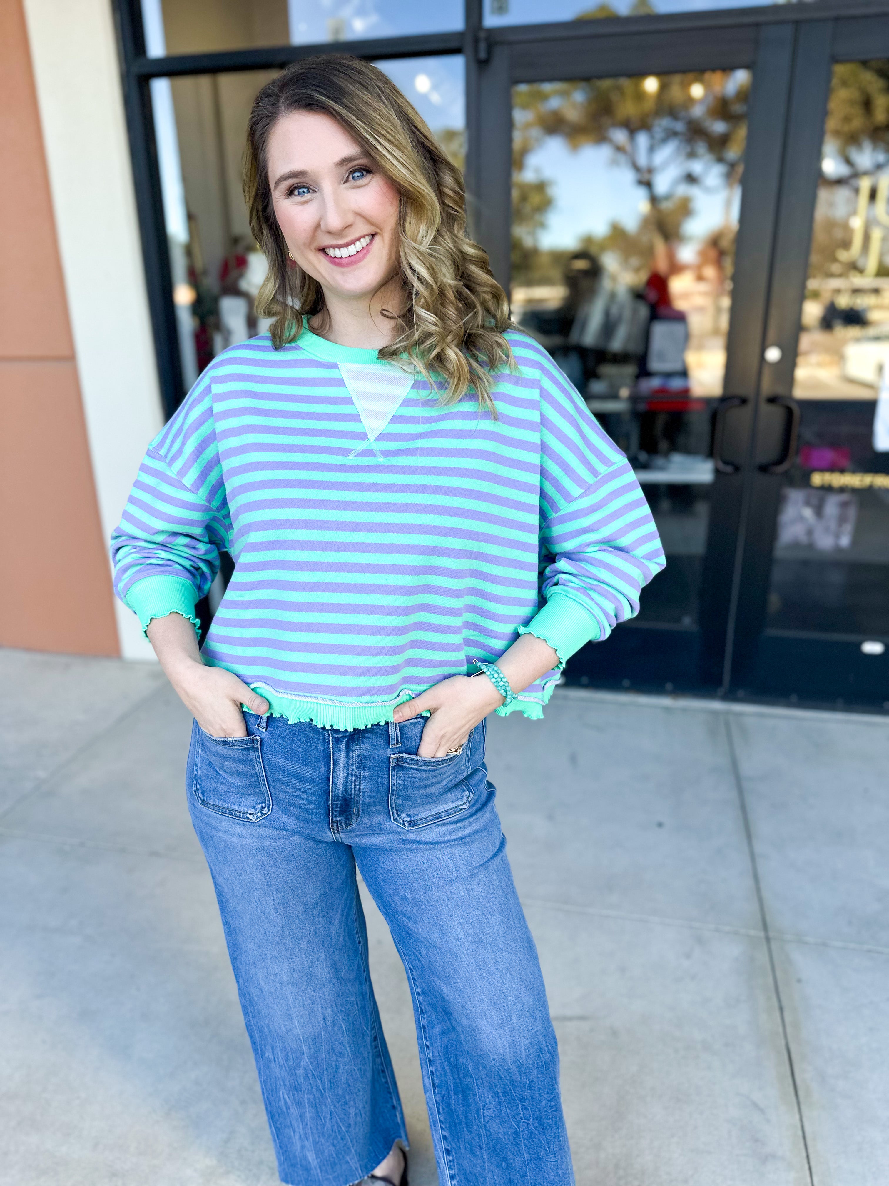 Seafoam Striped Long Sleeve Top-210 Casual Blouses-VEVERET CLOTHING-July & June Women's Fashion Boutique Located in San Antonio, Texas