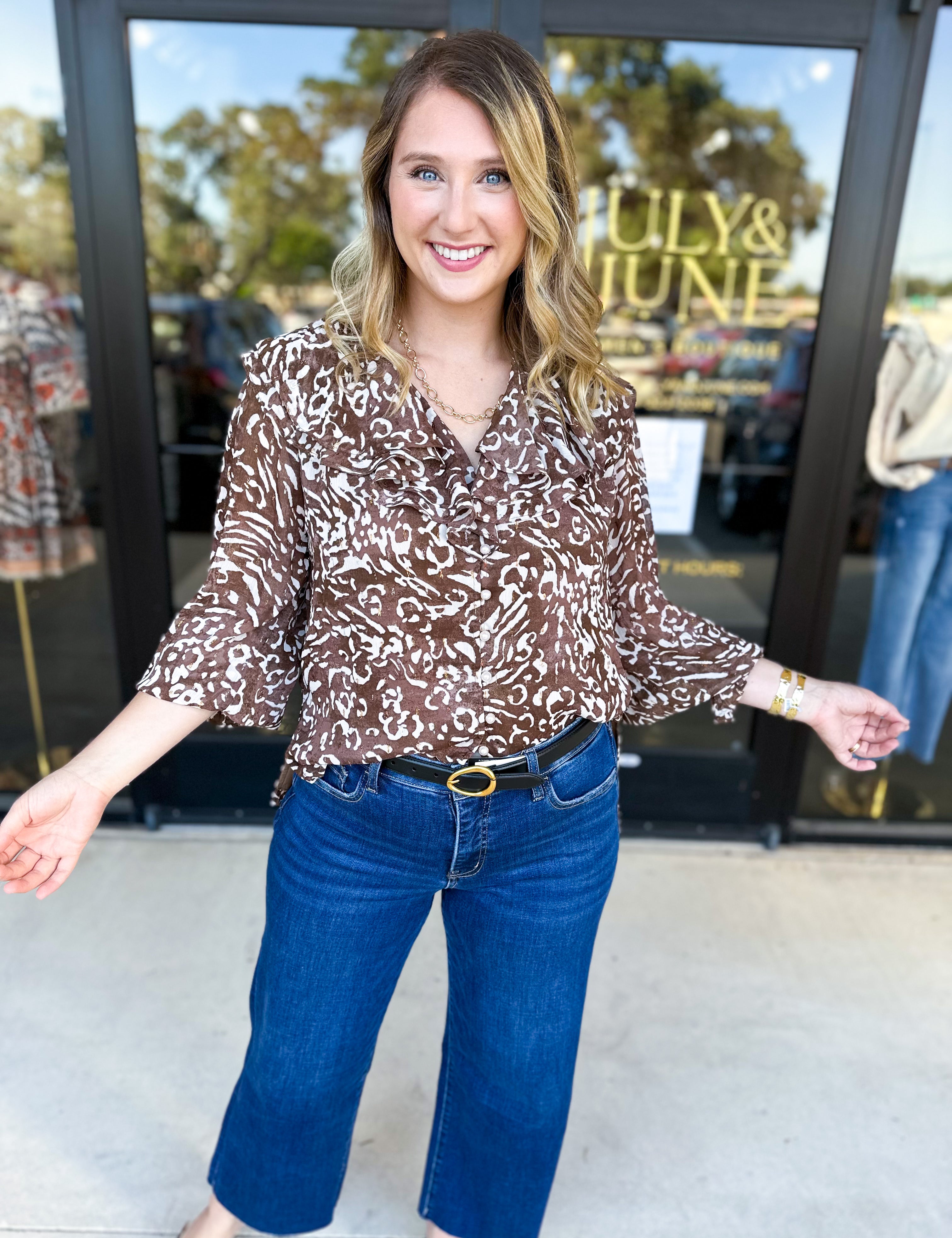 Mocha Cheetah & Ruffle Blouse-200 Fashion Blouses-FATE-July & June Women's Fashion Boutique Located in San Antonio, Texas
