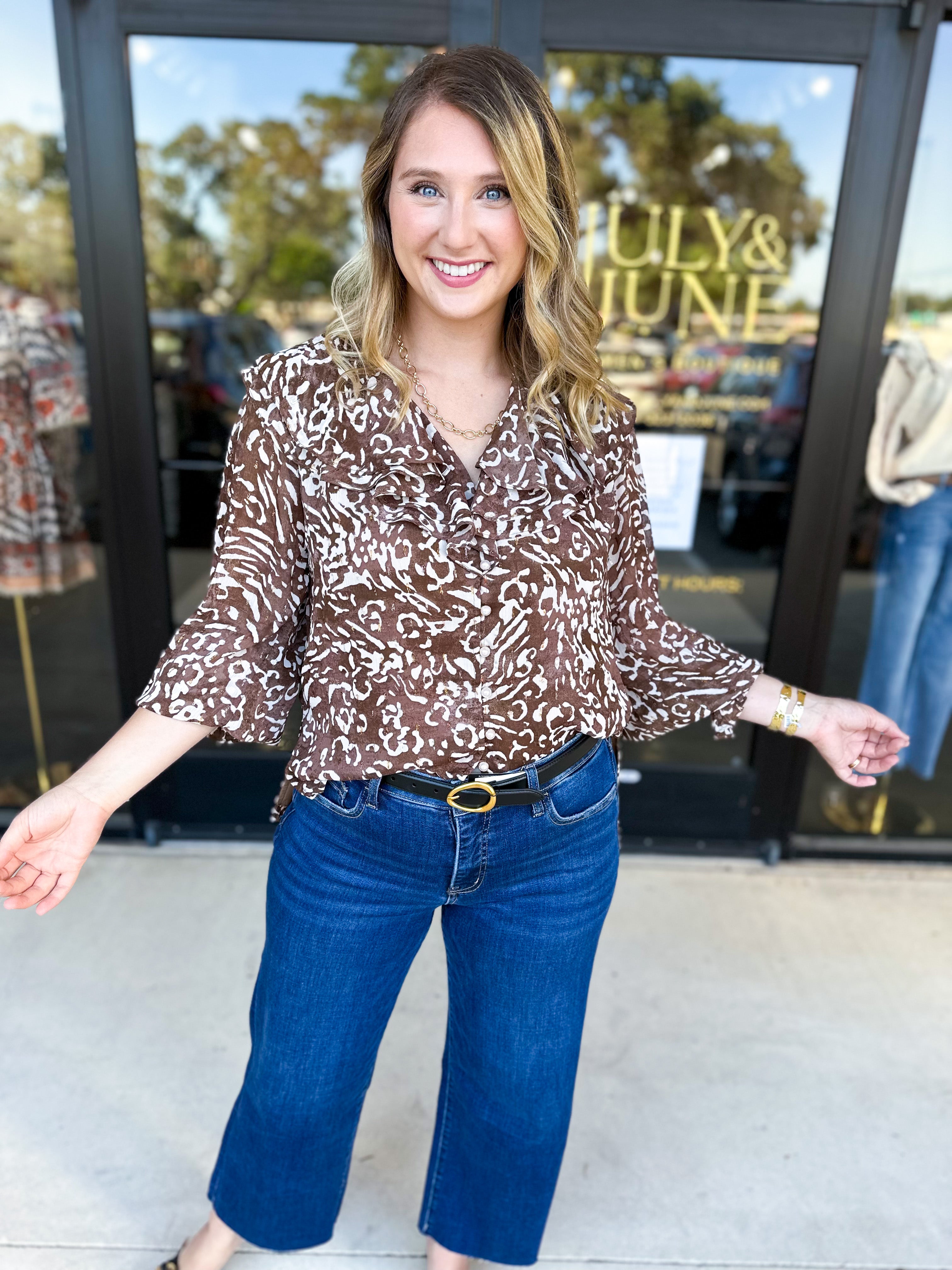 Mocha Cheetah & Ruffle Blouse-200 Fashion Blouses-FATE-July & June Women's Fashion Boutique Located in San Antonio, Texas