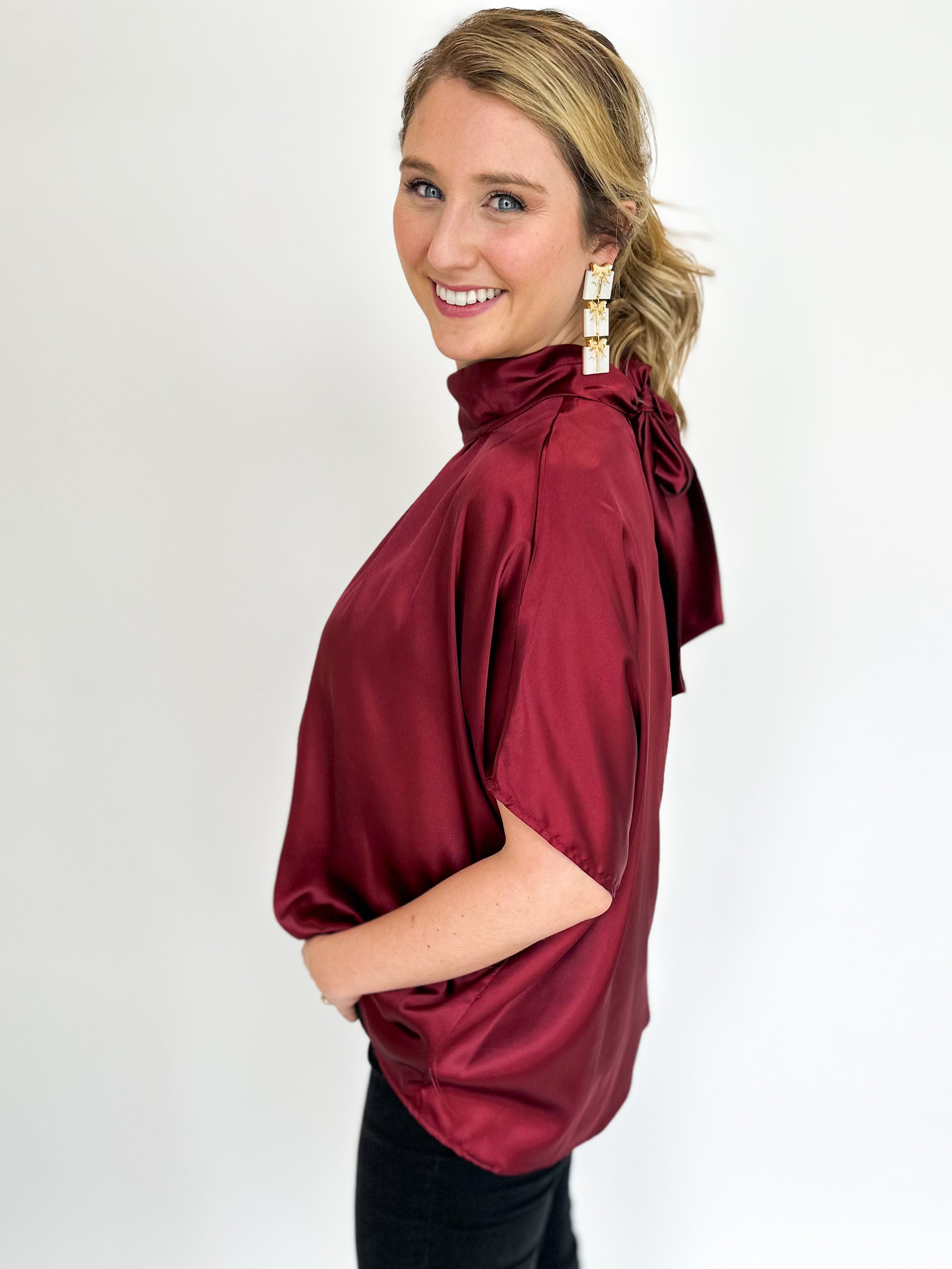 Charming Satin Blouse - Wine-200 Fashion Blouses-ADRIENNE-July & June Women's Fashion Boutique Located in San Antonio, Texas
