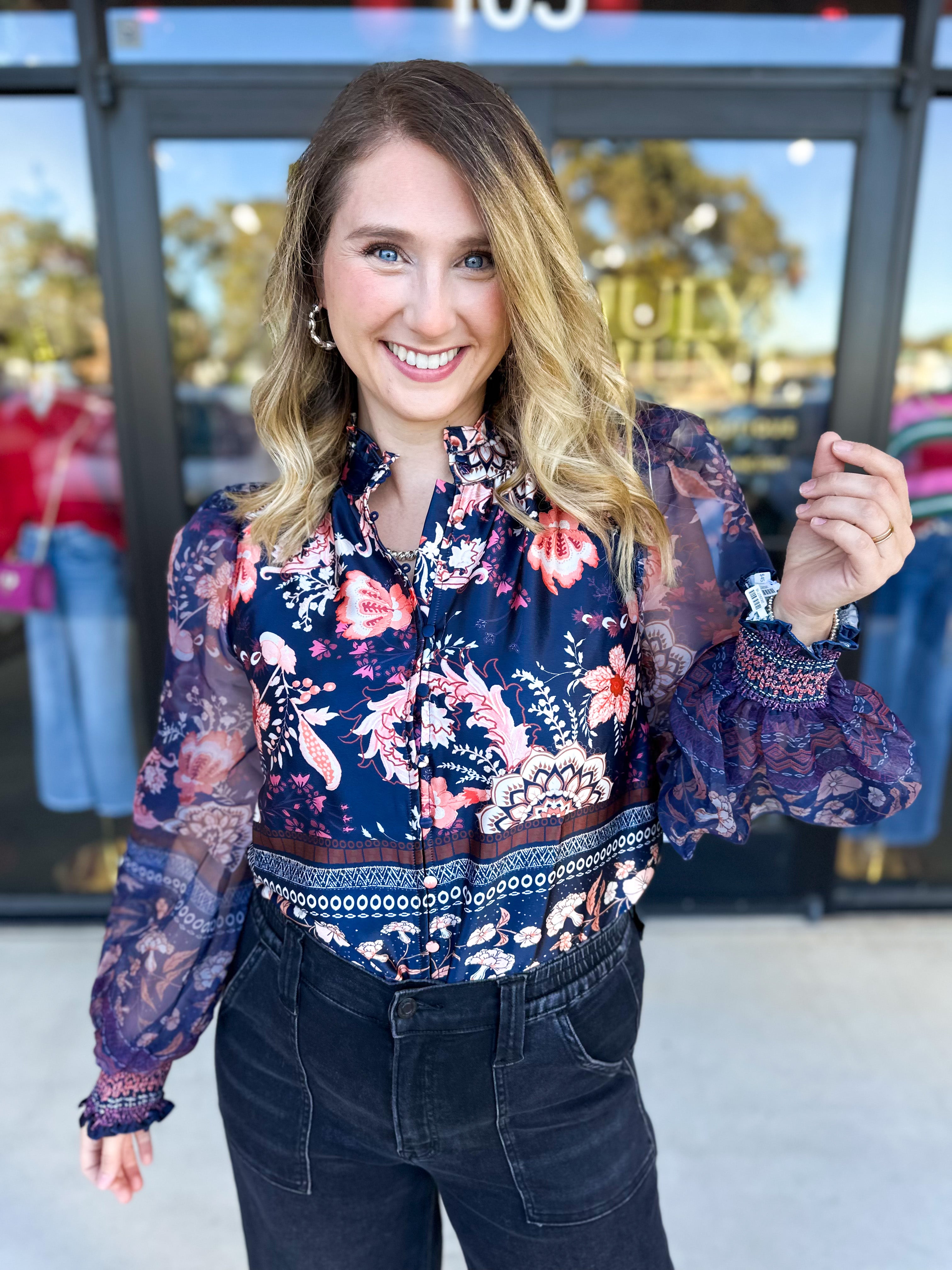 Deep Blue Floral Blouse-200 Fashion Blouses-FATE-July & June Women's Fashion Boutique Located in San Antonio, Texas