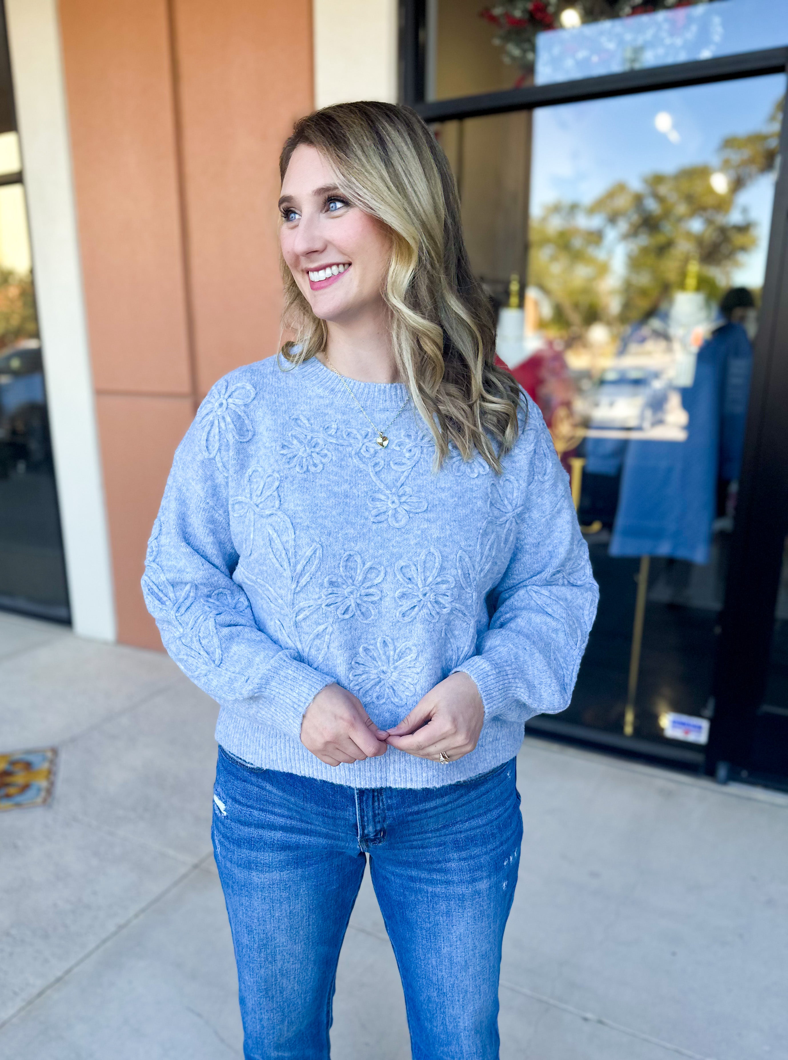 Heather Blue Floral Sweater-230 Sweaters/Cardis-ALLIE ROSE-July & June Women's Fashion Boutique Located in San Antonio, Texas