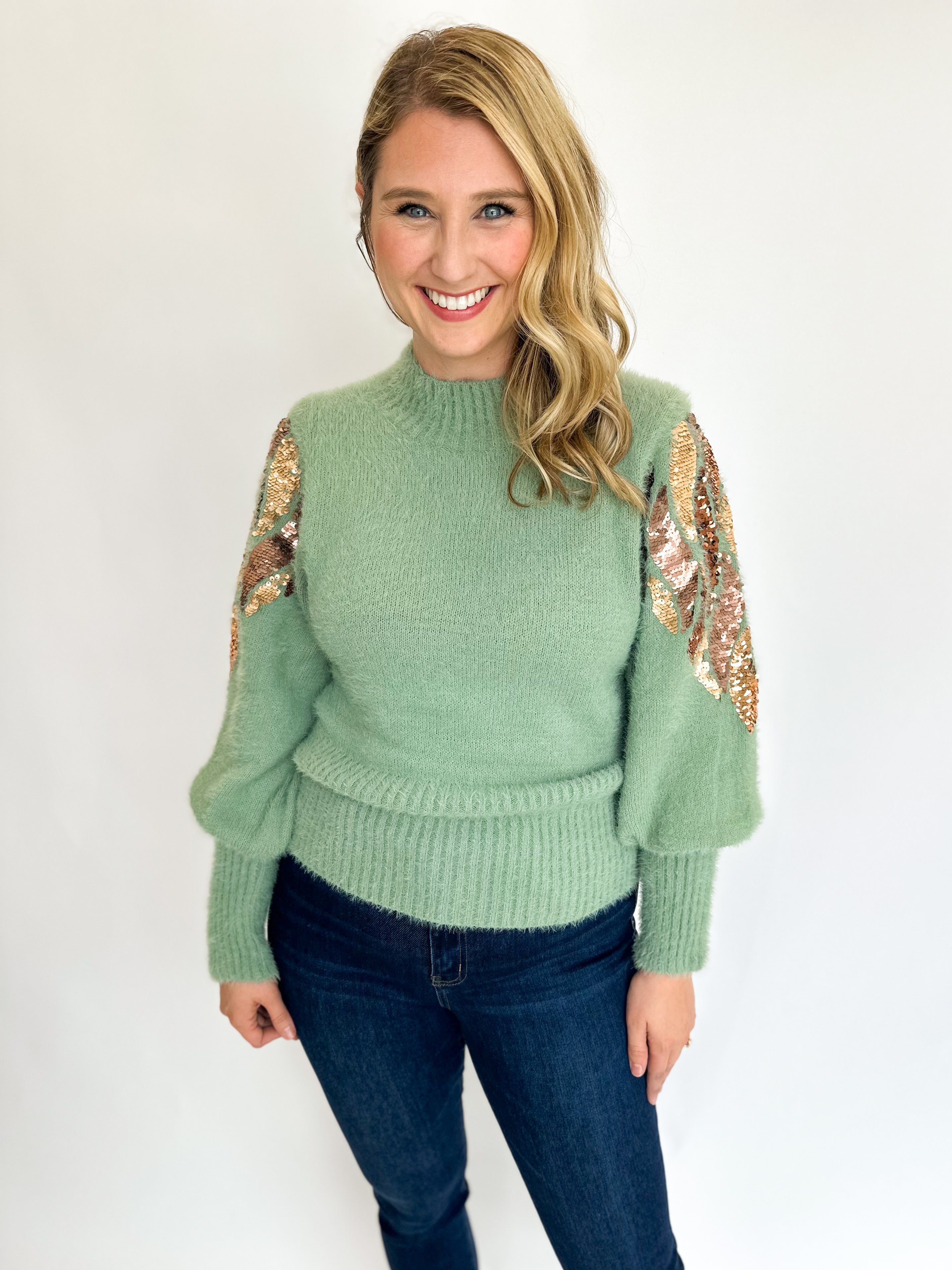 Sage Sequin Sweater-230 Sweaters/Cardis-LISTICLE-July & June Women's Fashion Boutique Located in San Antonio, Texas