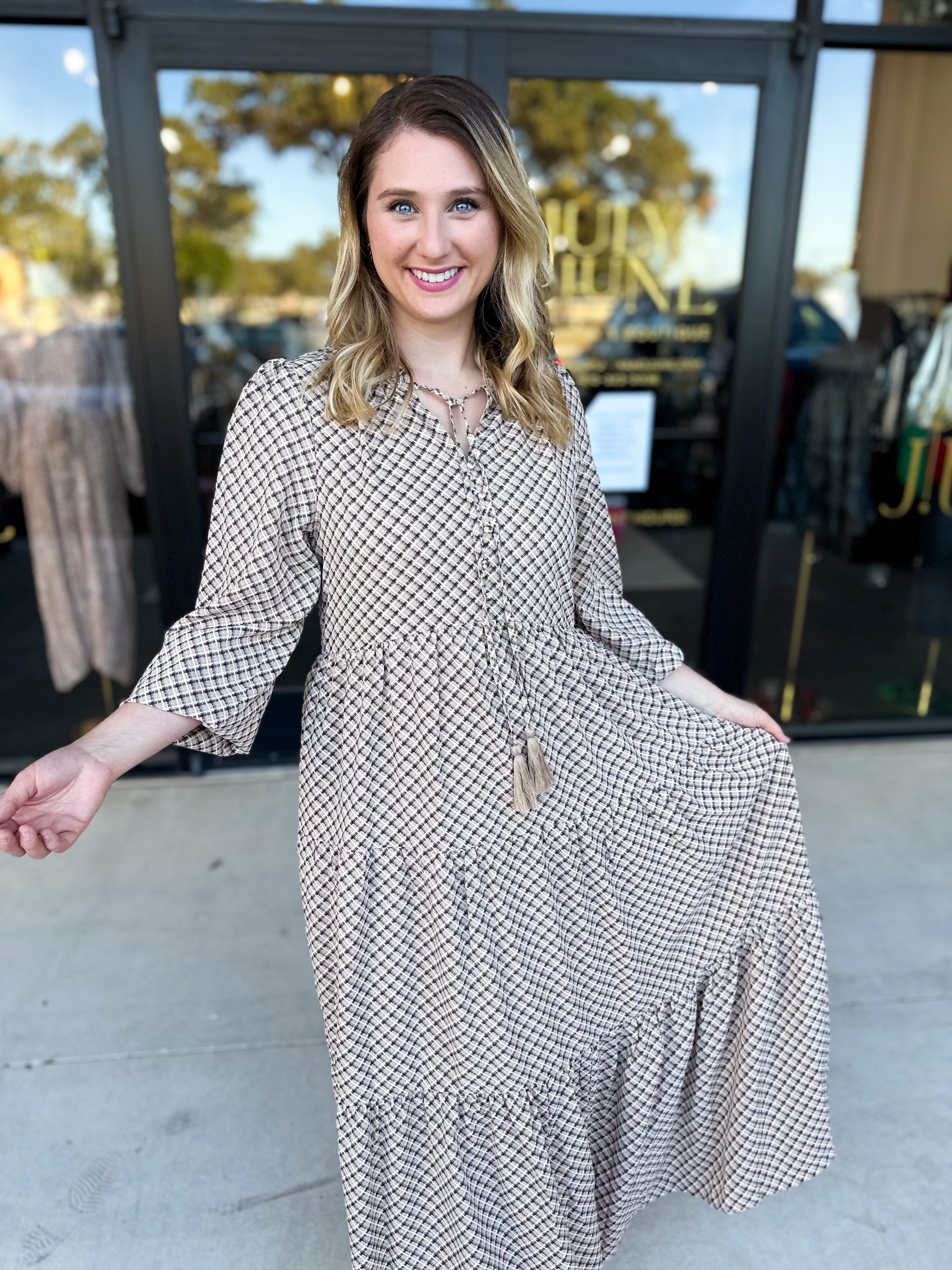 Taupe & Black Midi Dress-500 Midi-POLOGRAM-July & June Women's Fashion Boutique Located in San Antonio, Texas
