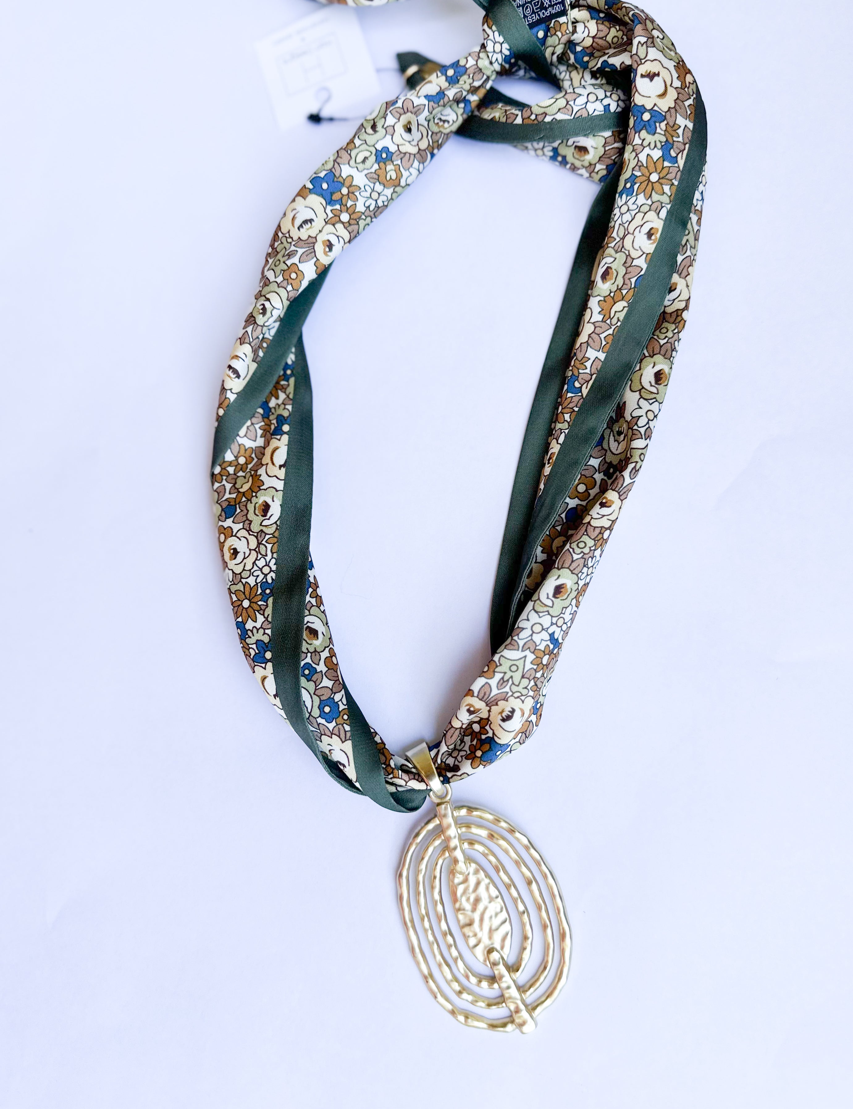 Scarf Necklace - Olive Floral Funky Oval-110 Jewelry & Hair-HART DESIGNS-July & June Women's Fashion Boutique Located in San Antonio, Texas