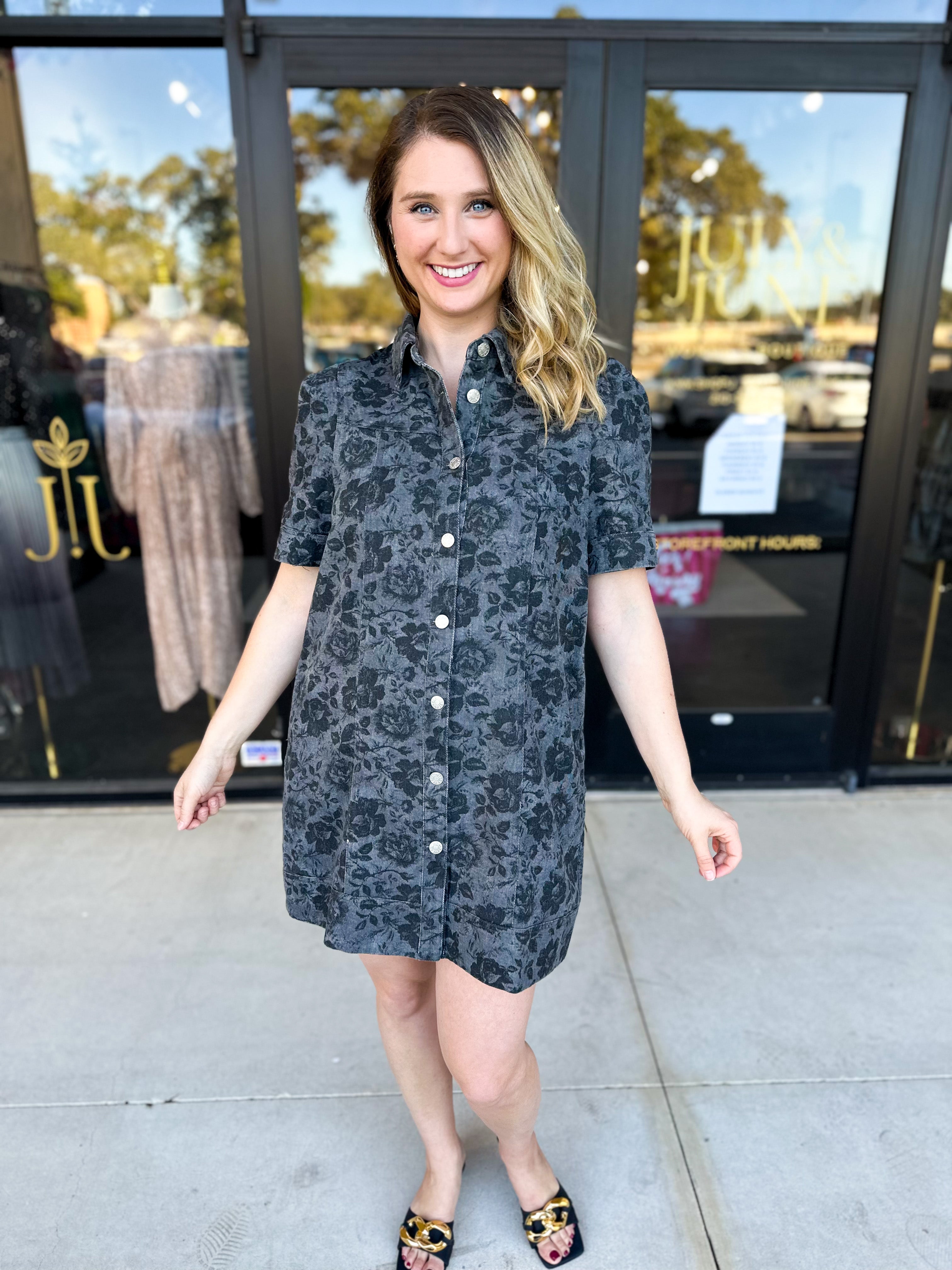 The Rosie Denim Mini Dress - Charcoal-510 Mini-ENTRO-July & June Women's Fashion Boutique Located in San Antonio, Texas