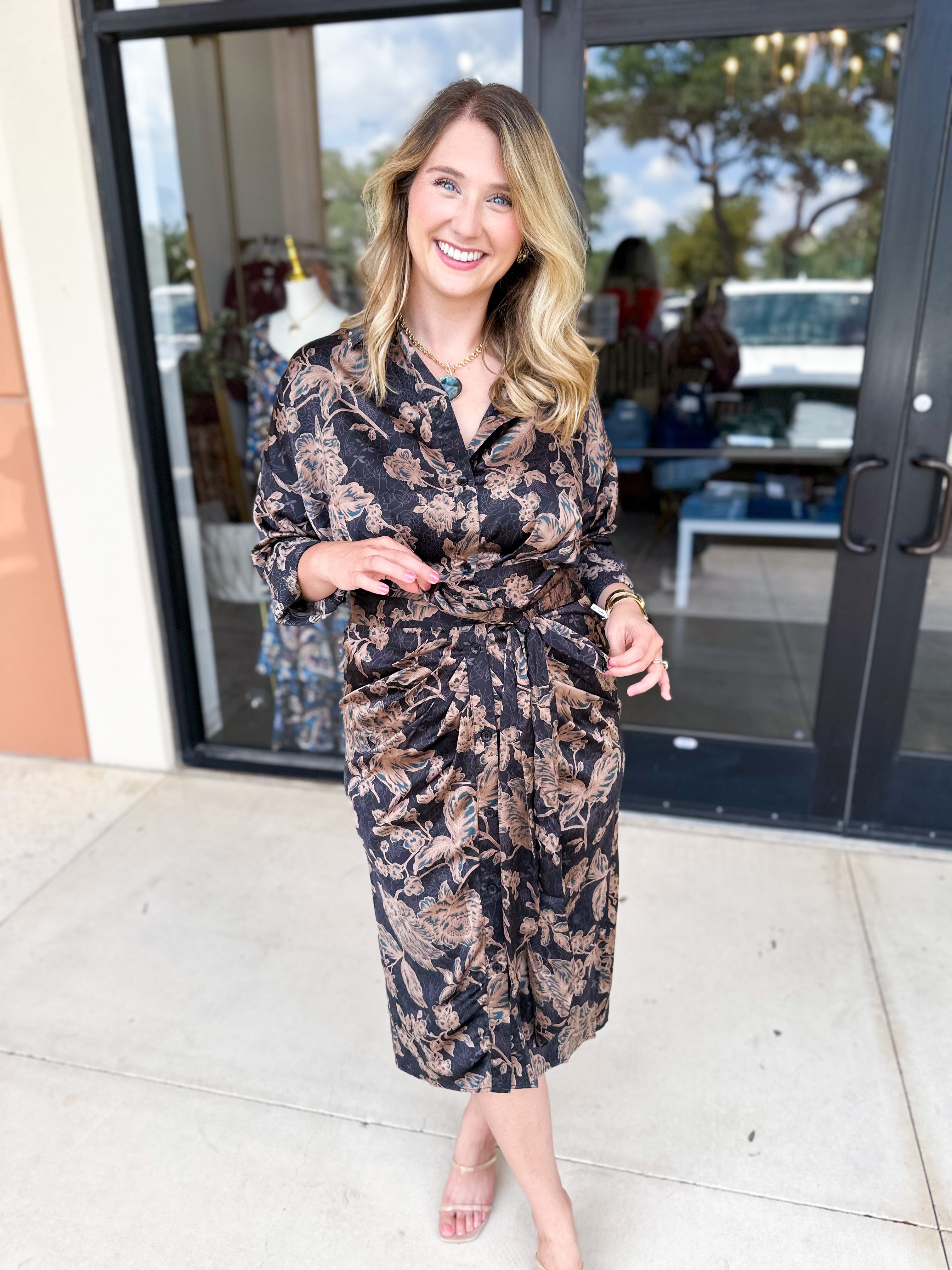 Gold Floral Elegance Midi Dress-500 Midi-FATE-July & June Women's Fashion Boutique Located in San Antonio, Texas