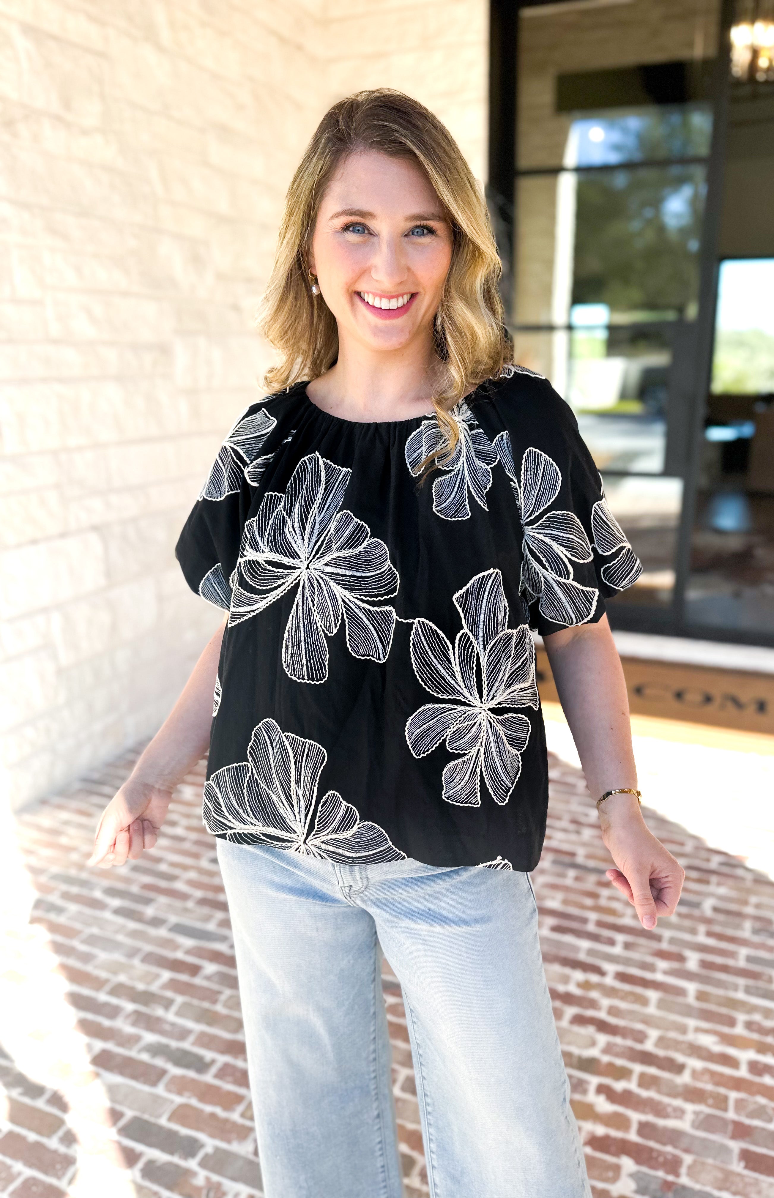 THML - Black & White Flower Power Blouse-200 Fashion Blouses-THML-July & June Women's Fashion Boutique Located in San Antonio, Texas