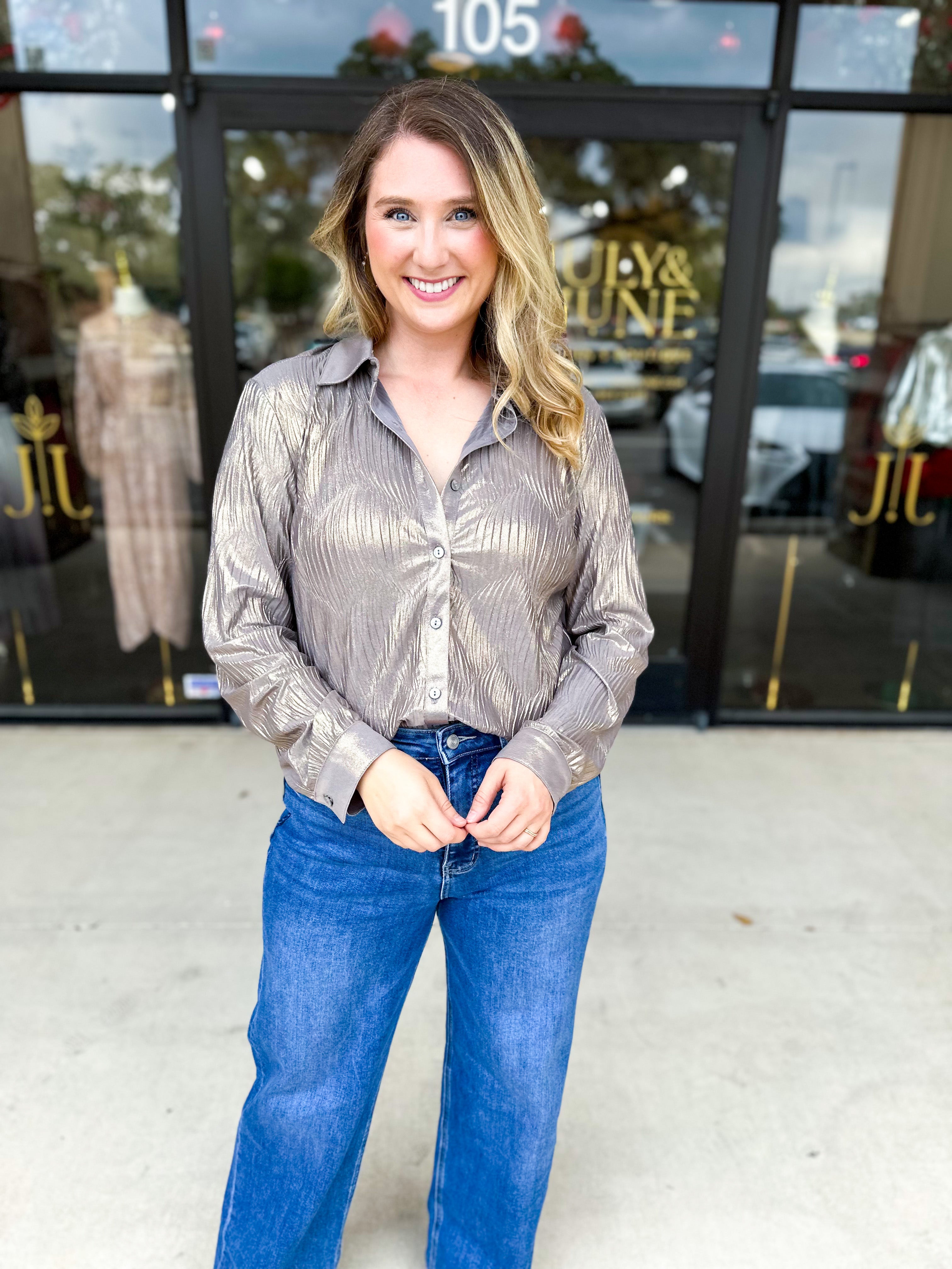 Shimmer Button Down Blouse - Champagne-200 Fashion Blouses-ALLIE ROSE-July & June Women's Fashion Boutique Located in San Antonio, Texas