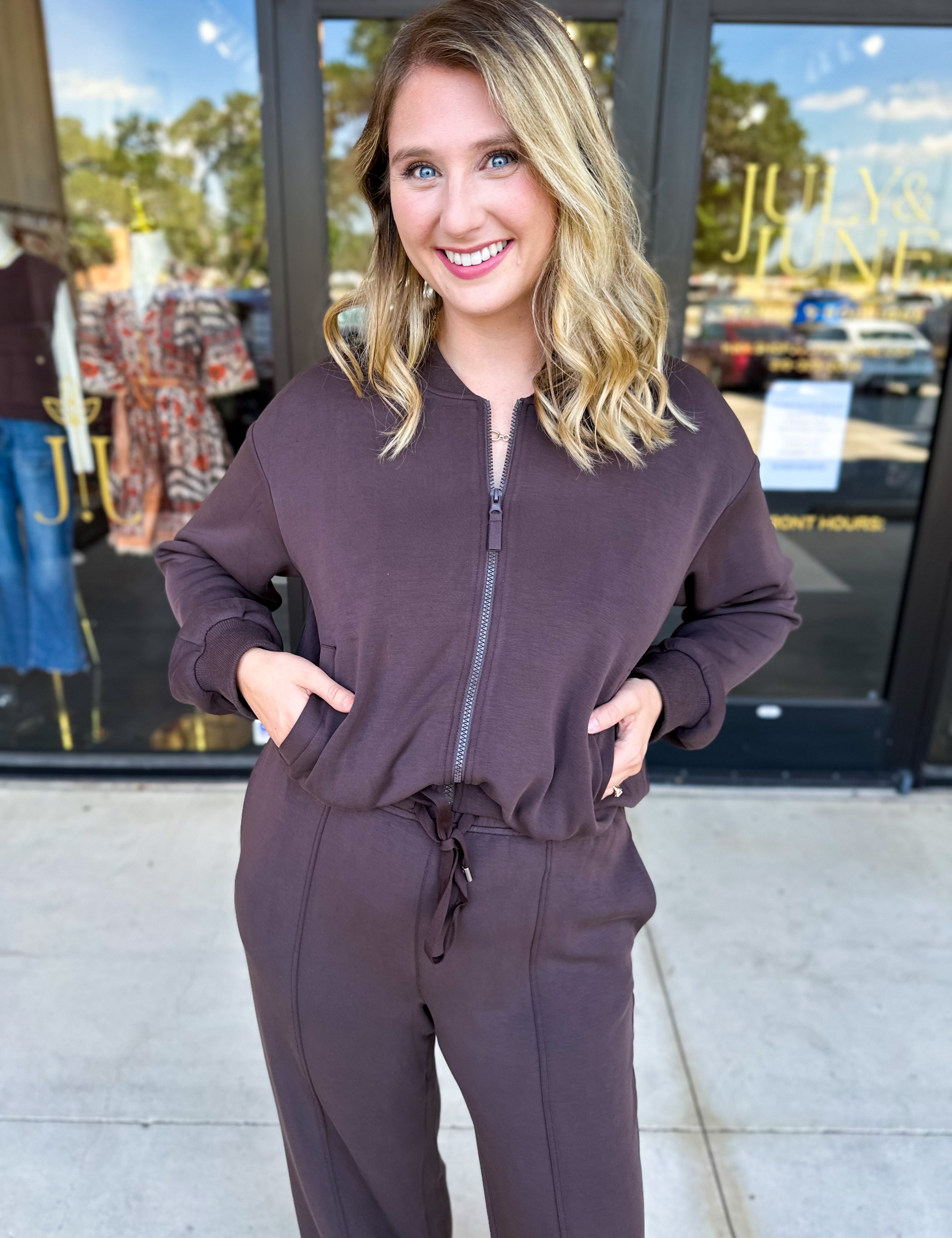 Soft Modal Bomber Jacket - Chocolate-300 Athleisure/Lounge-SKIES ARE BLUE-July & June Women's Fashion Boutique Located in San Antonio, Texas