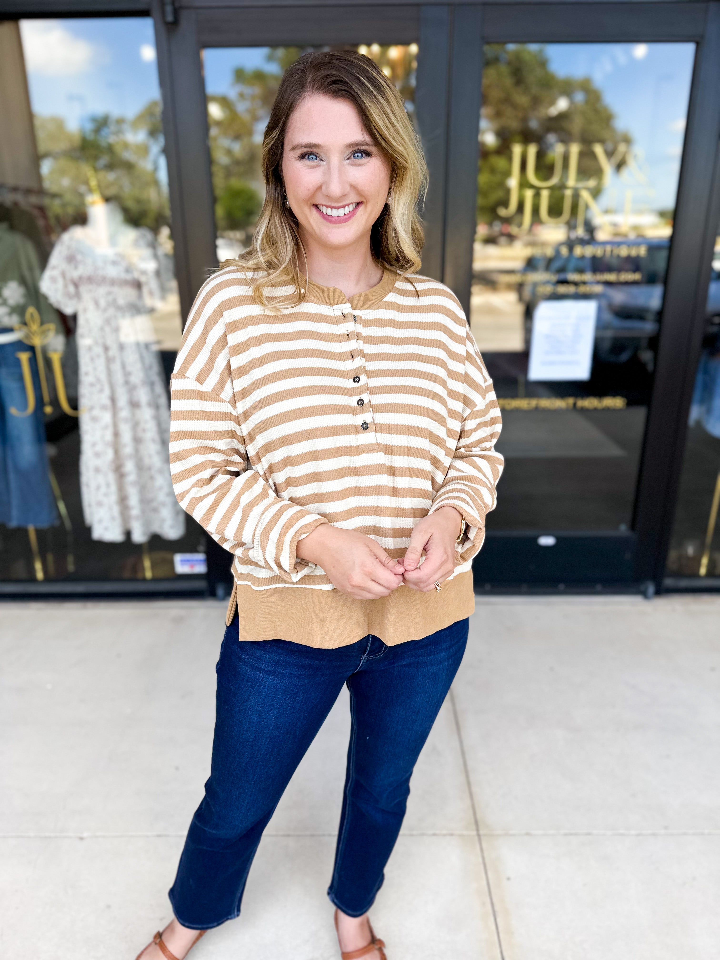 Casual Cool Henley Long Sleeve - Tan-210 Casual Blouses-POLOGRAM-July & June Women's Fashion Boutique Located in San Antonio, Texas