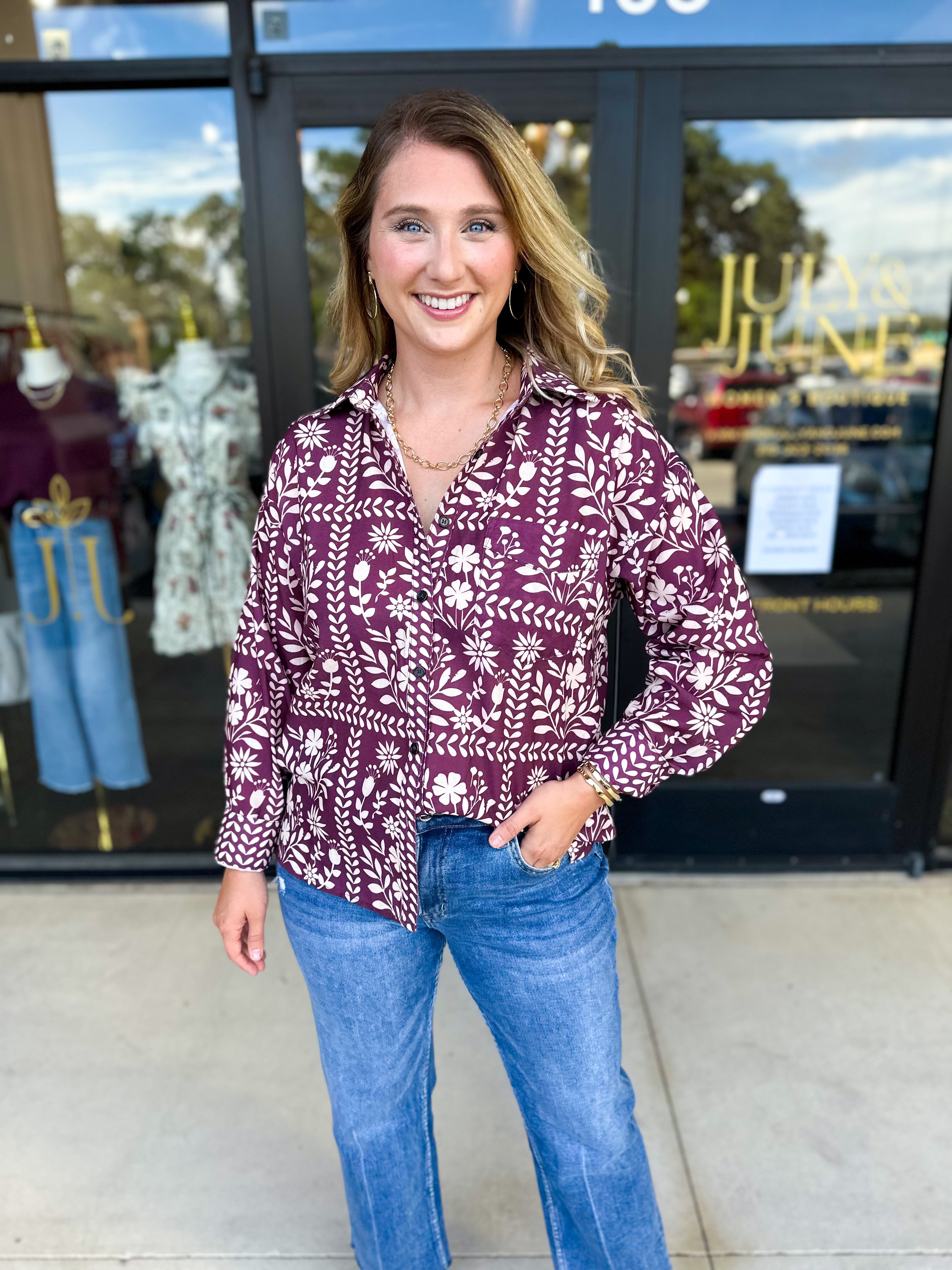The Wrenlee Blouse - Wine-200 Fashion Blouses-POLOGRAM-July & June Women's Fashion Boutique Located in San Antonio, Texas