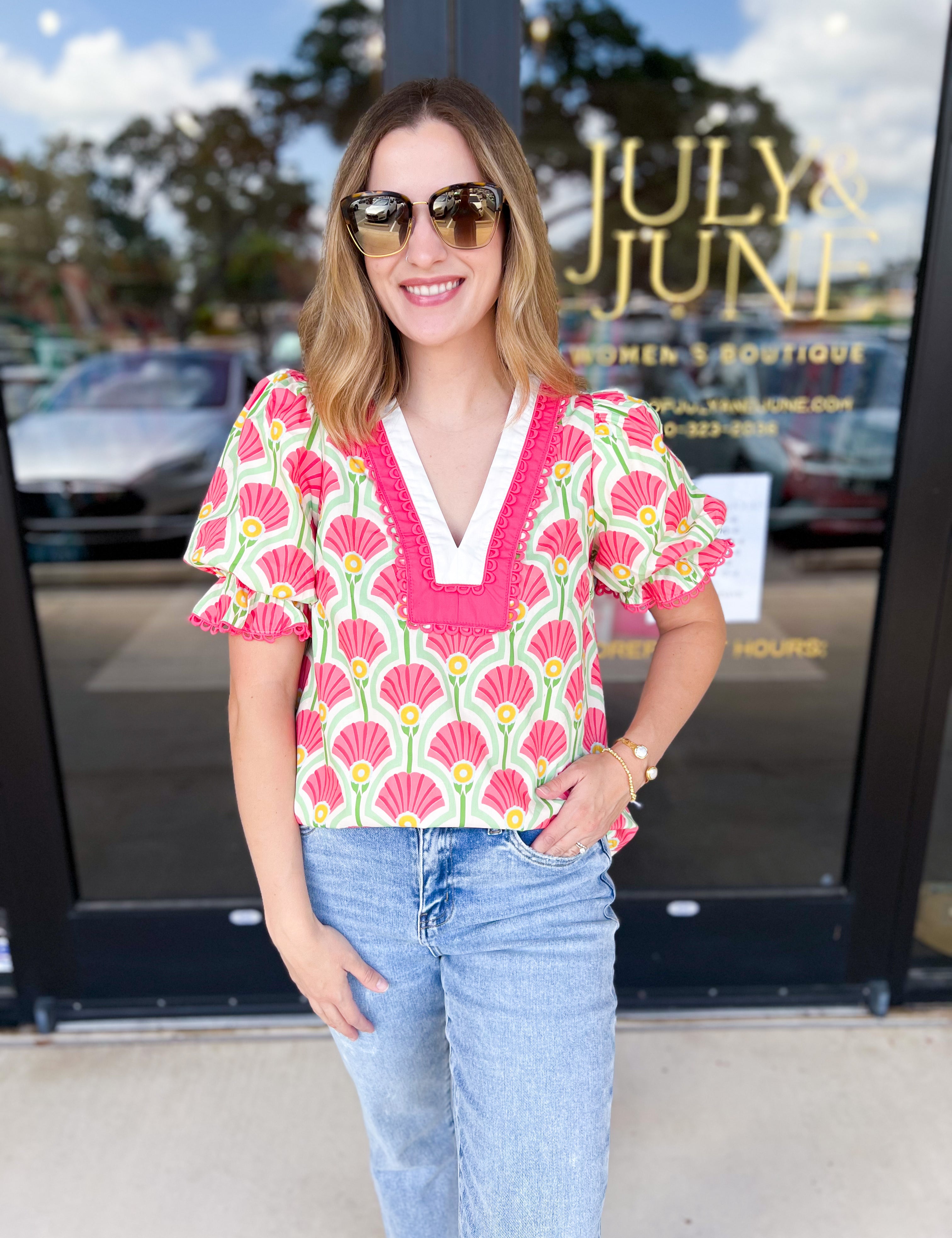Coral Floral Blouse-200 Fashion Blouses-ENTRO-July & June Women's Fashion Boutique Located in San Antonio, Texas