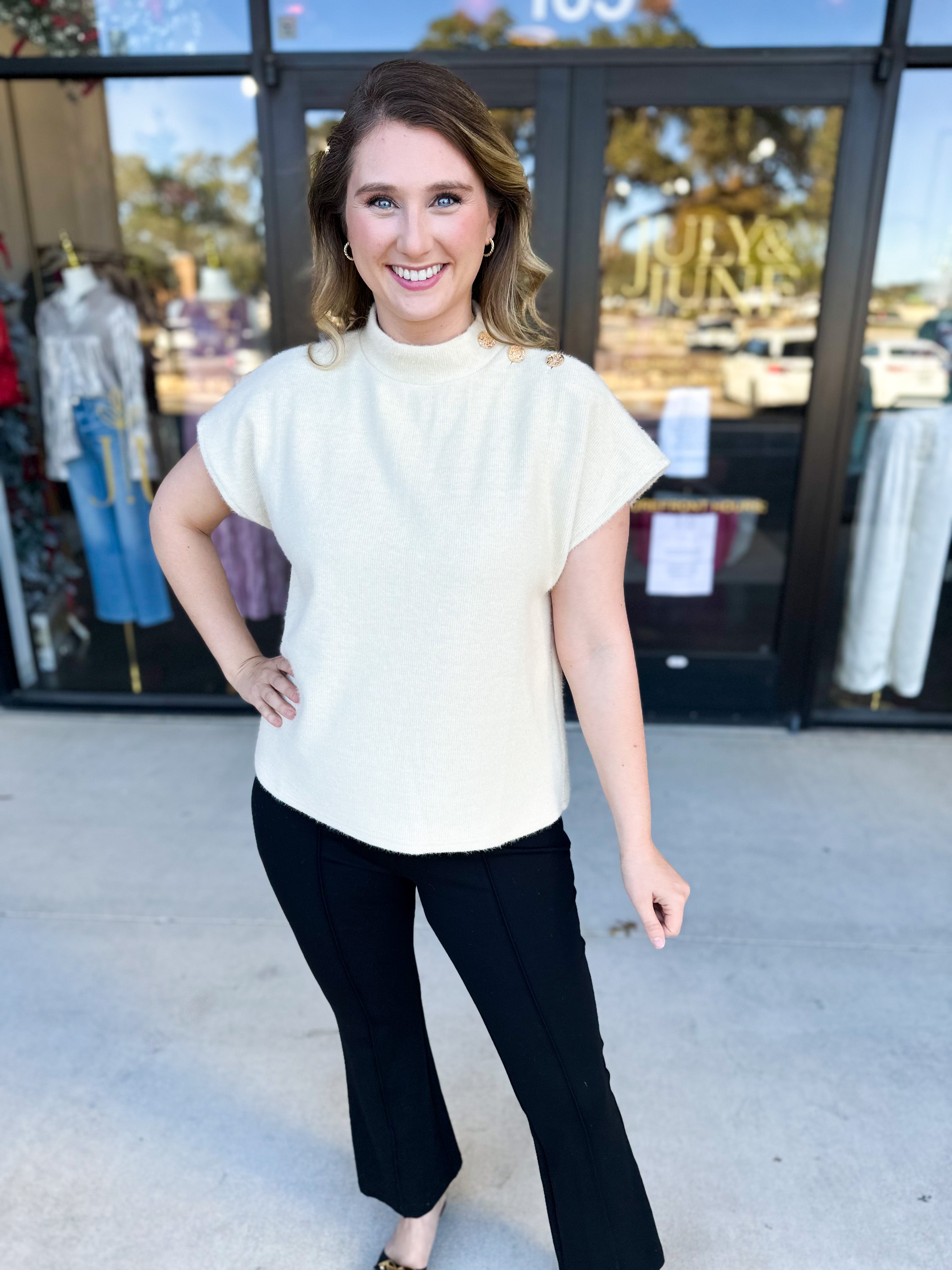 THML - Mock Neck Fuzzy Sweater Top - Cream-230 Sweaters/Cardis-THML-July & June Women's Fashion Boutique Located in San Antonio, Texas