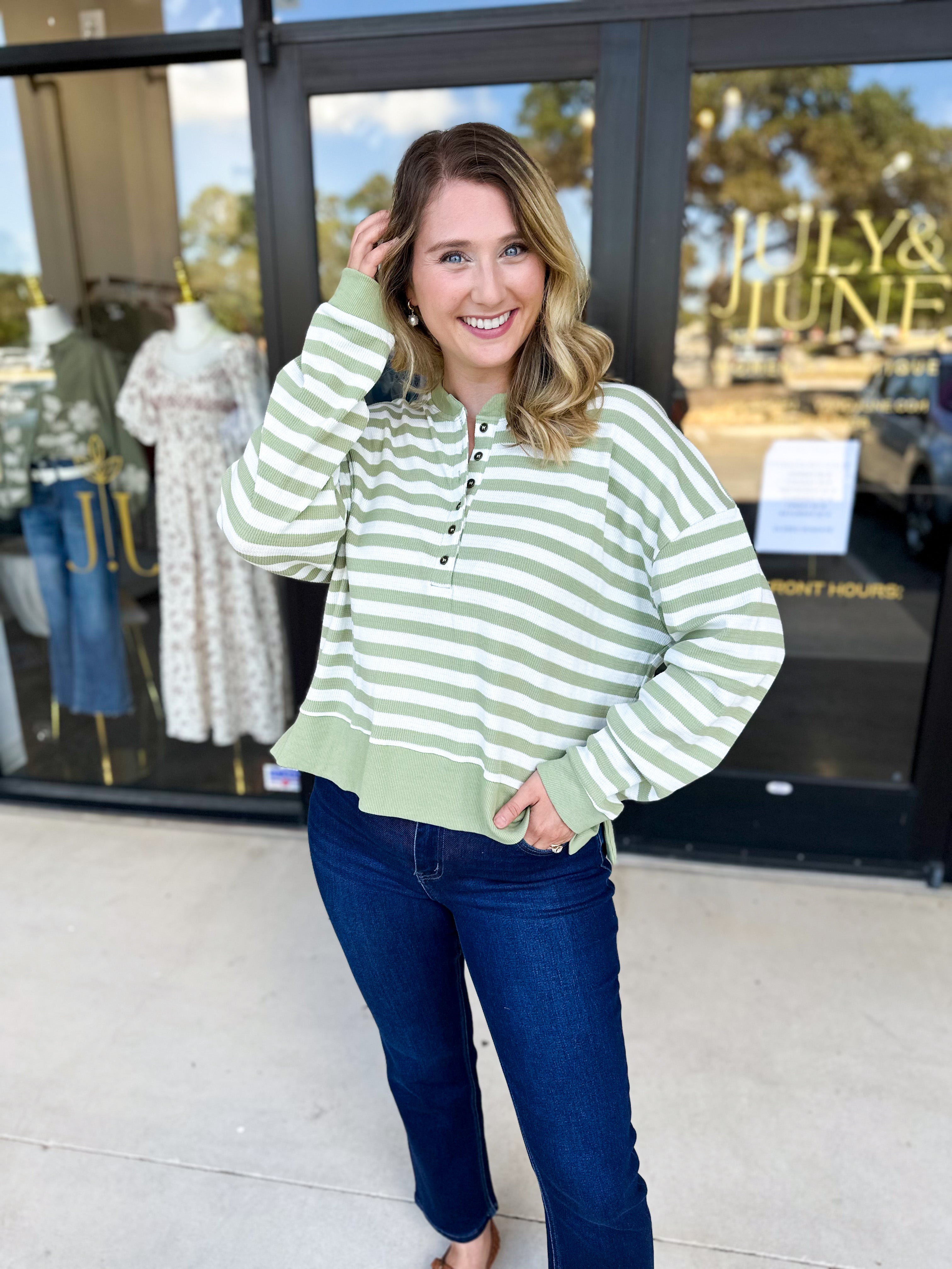 Casual Cool Henley Long Sleeve - Sage-210 Casual Blouses-POLOGRAM-July & June Women's Fashion Boutique Located in San Antonio, Texas