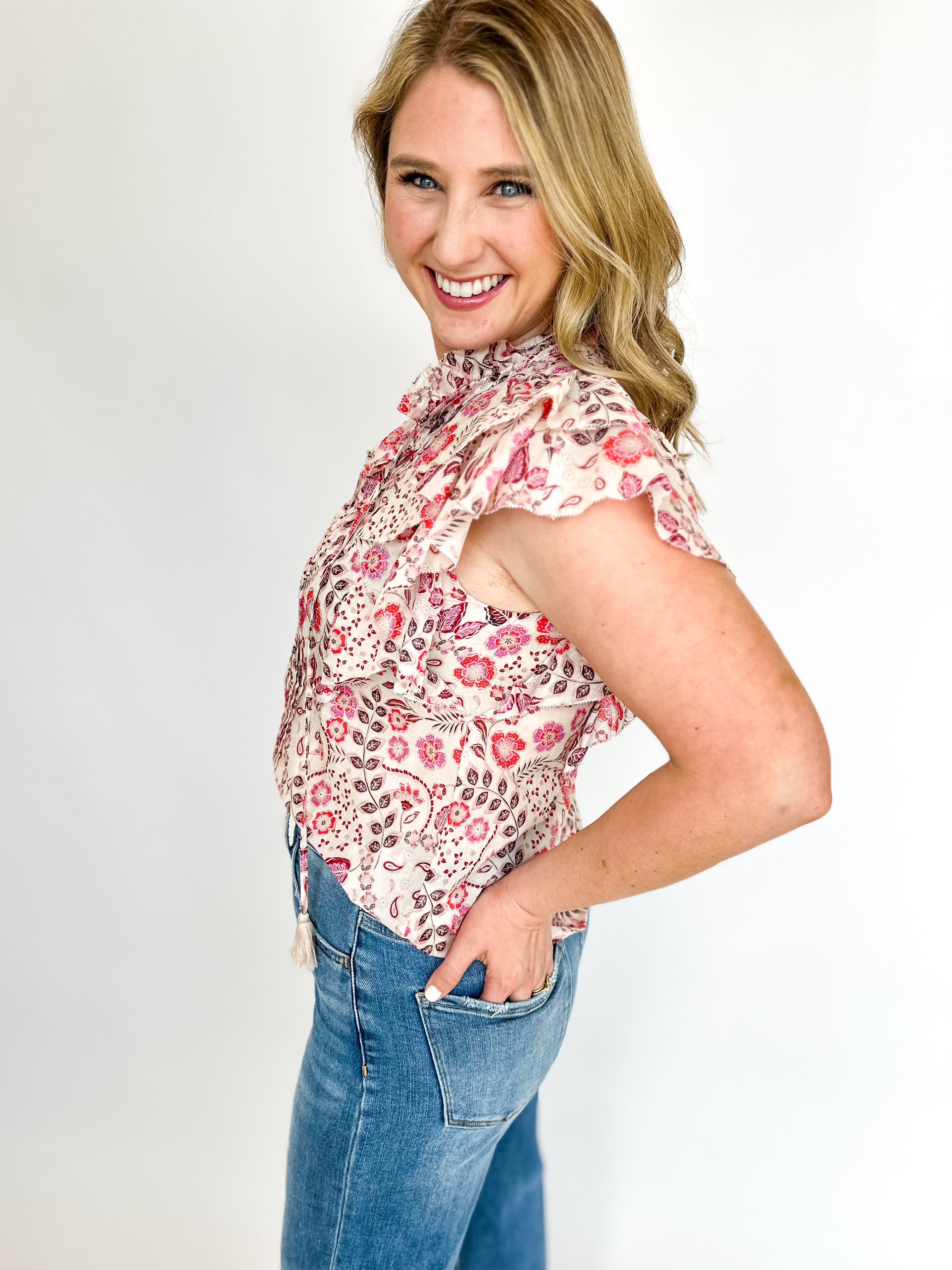 Cream & Pink Floral Blouse-200 Fashion Blouses-OLIVACEOUS-July & June Women's Fashion Boutique Located in San Antonio, Texas