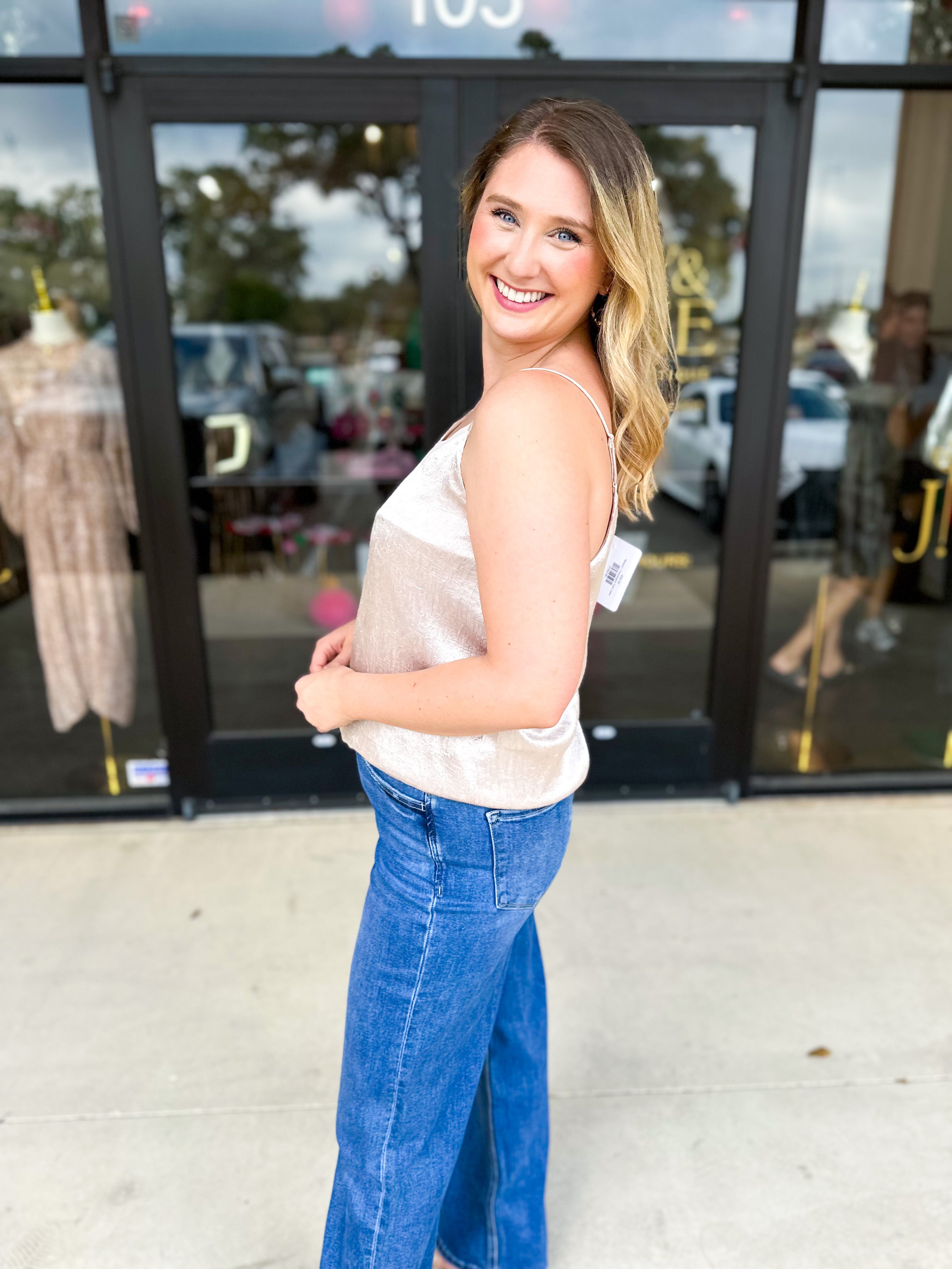 Champagne Satin Cami-200 Fashion Blouses-SKIES ARE BLUE-July & June Women's Fashion Boutique Located in San Antonio, Texas