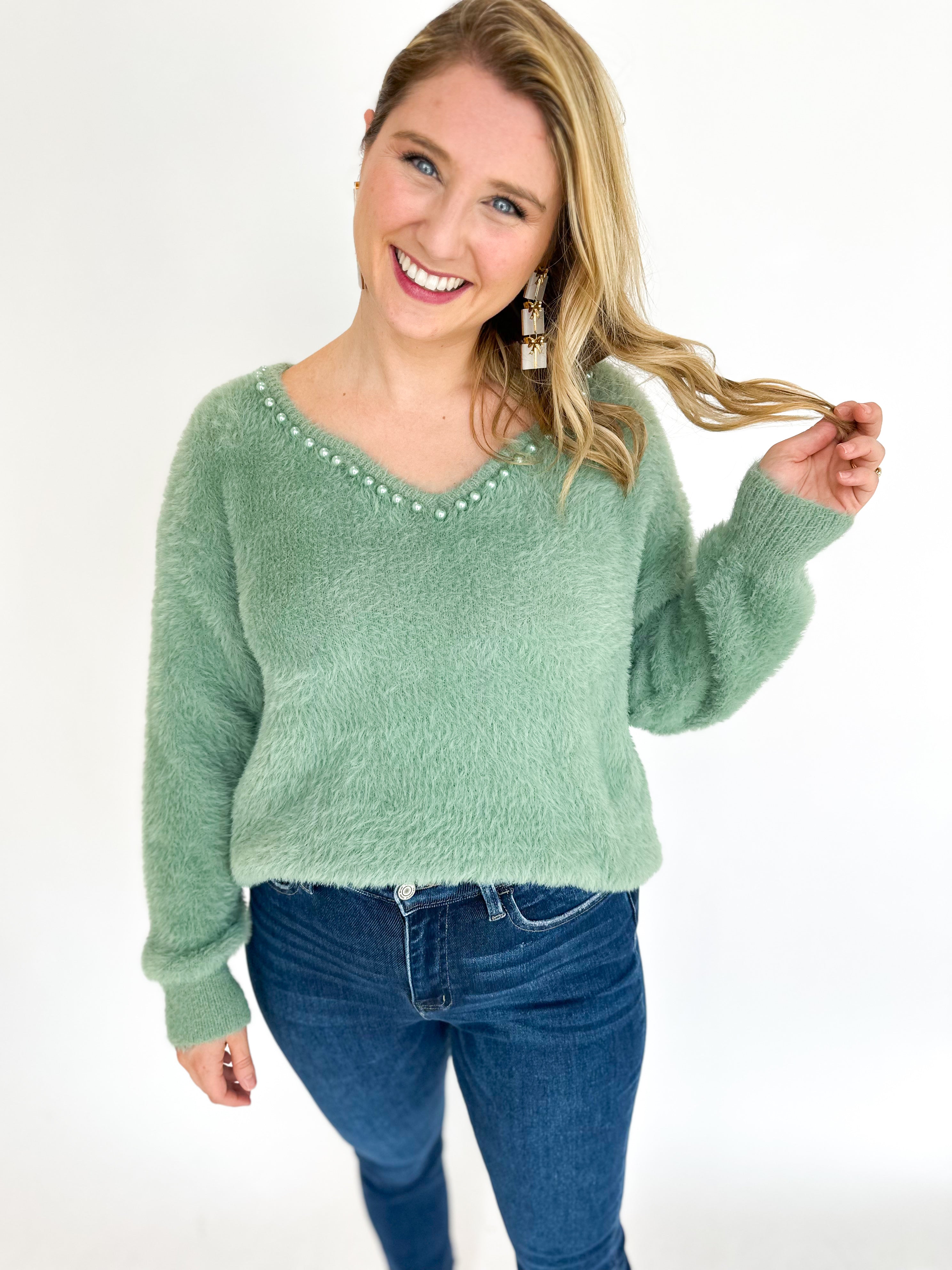 Pearl Fuzzy Sweater- Sage-230 Sweaters/Cardis-LISTICLE-July & June Women's Fashion Boutique Located in San Antonio, Texas