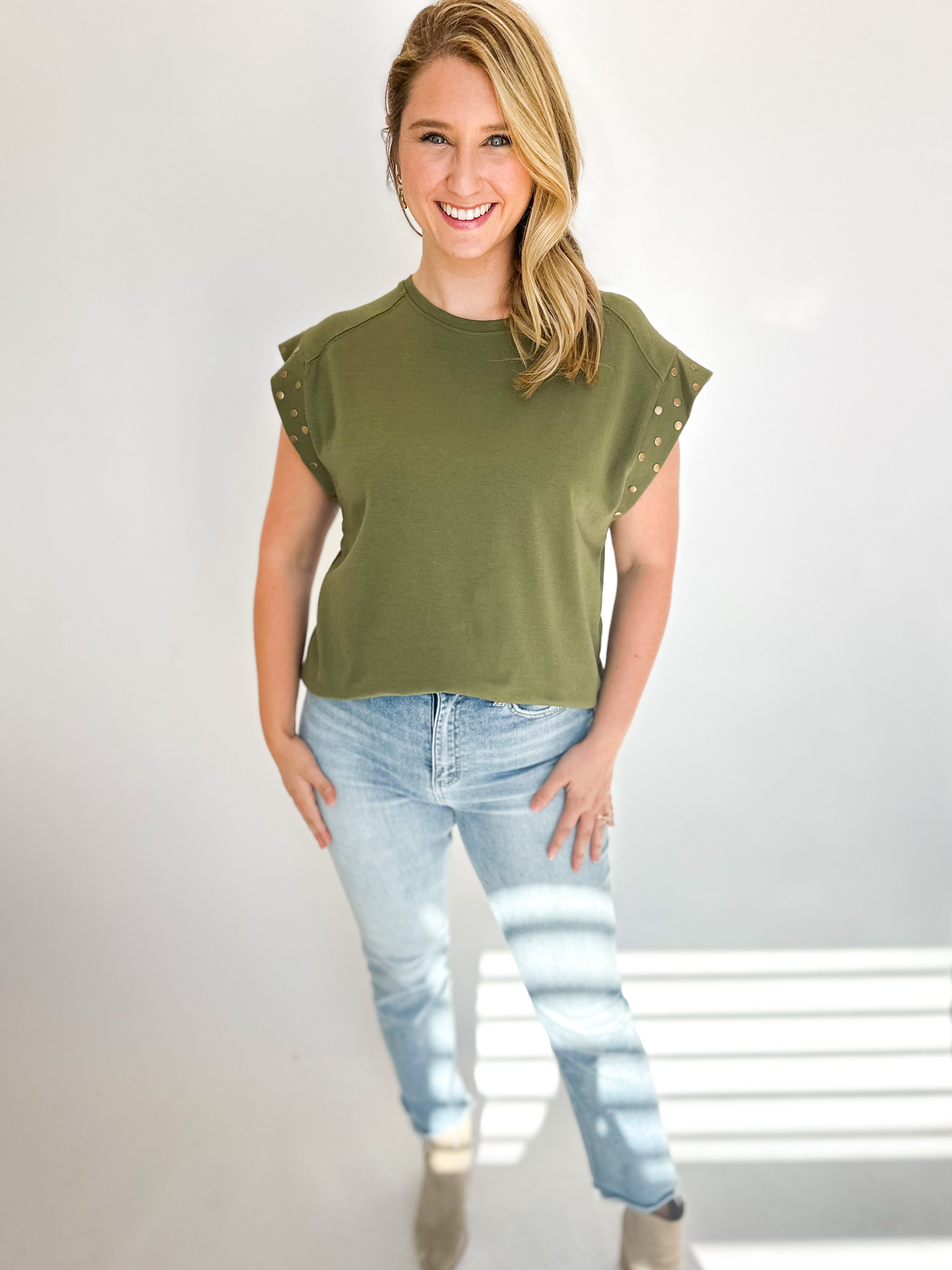 Studded Tee- Olive-210 Casual Blouses-ENTRO-July & June Women's Fashion Boutique Located in San Antonio, Texas