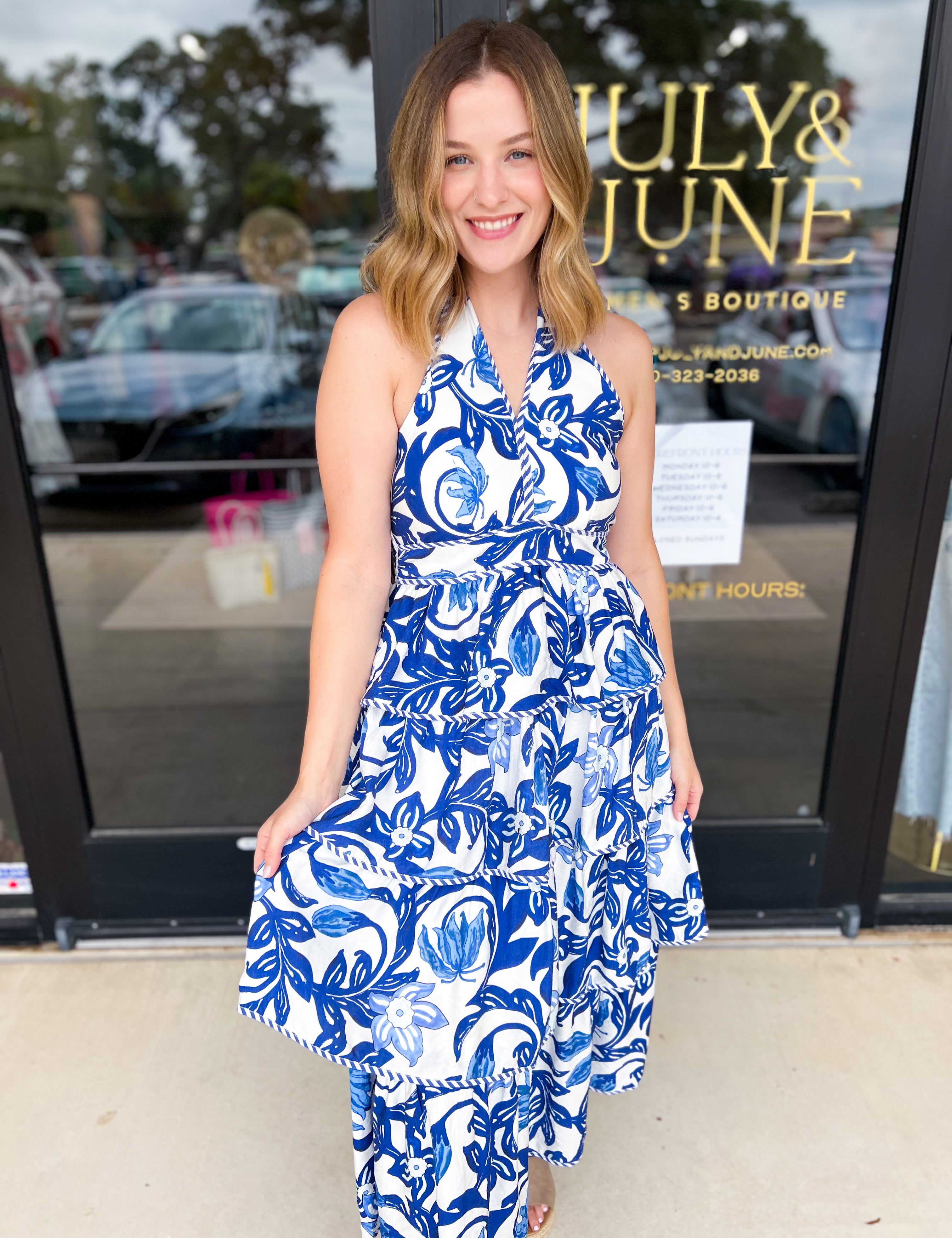 Blue Floral Twist Midi Dress-500 Midi-ENTRO-July & June Women's Fashion Boutique Located in San Antonio, Texas