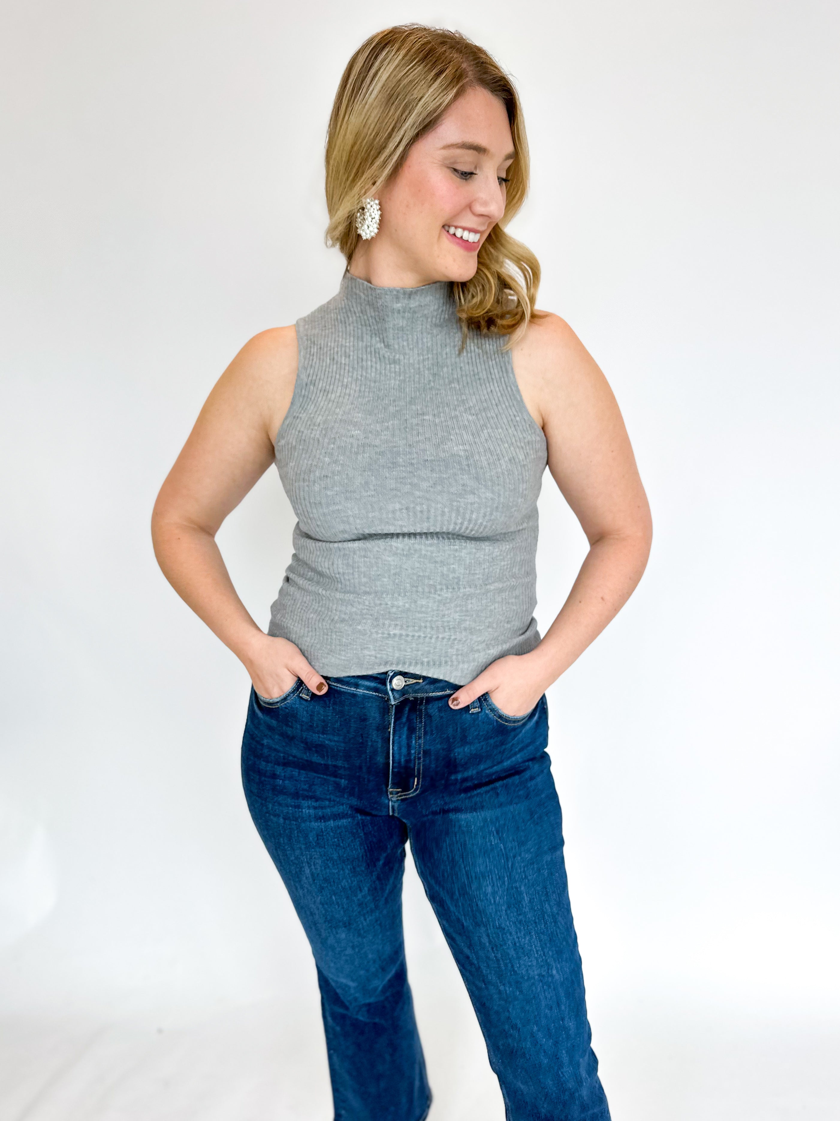 Heather Grey Mock Neck Tank Top-210 Casual Blouses-ALLIE ROSE-July & June Women's Fashion Boutique Located in San Antonio, Texas