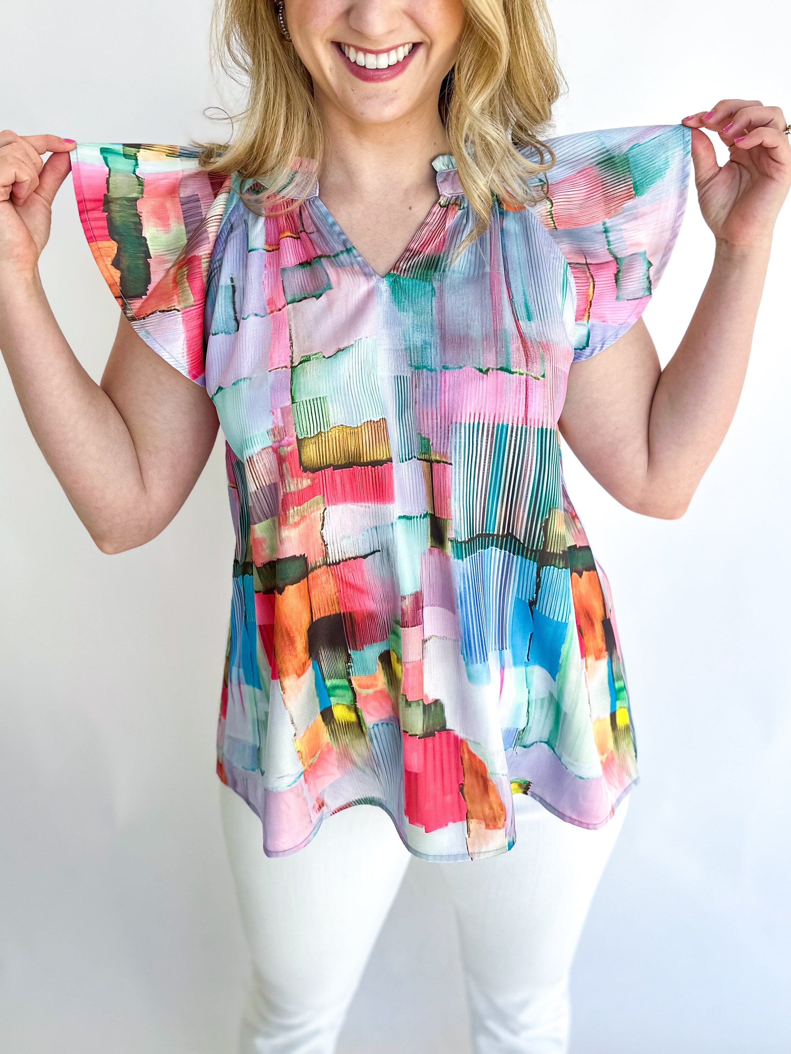 Watercolor Skies Blouse-200 Fashion Blouses-ENTRO-July & June Women's Fashion Boutique Located in San Antonio, Texas