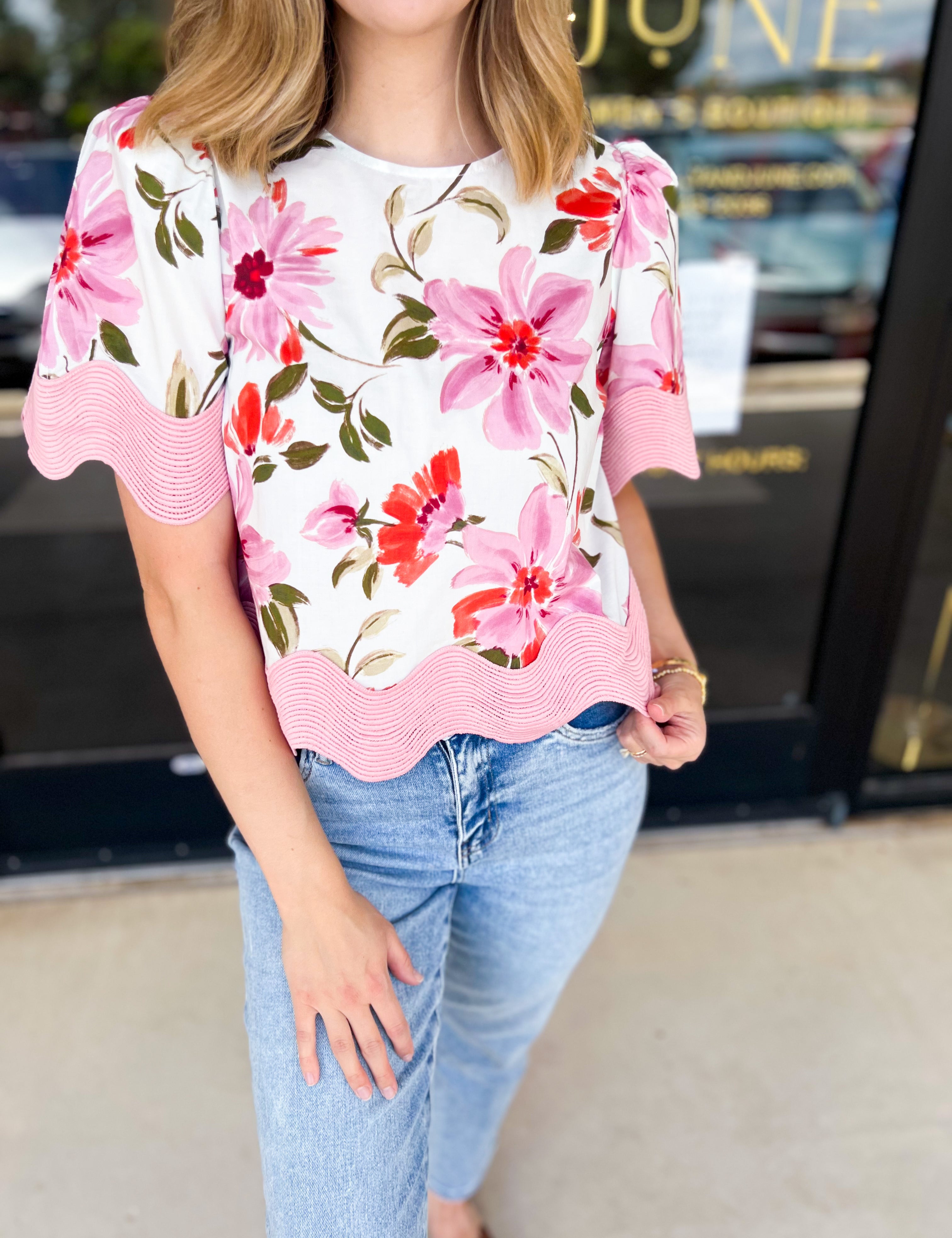 Feminine Floral Ric Rac Blouse-200 Fashion Blouses-ENTRO-July & June Women's Fashion Boutique Located in San Antonio, Texas