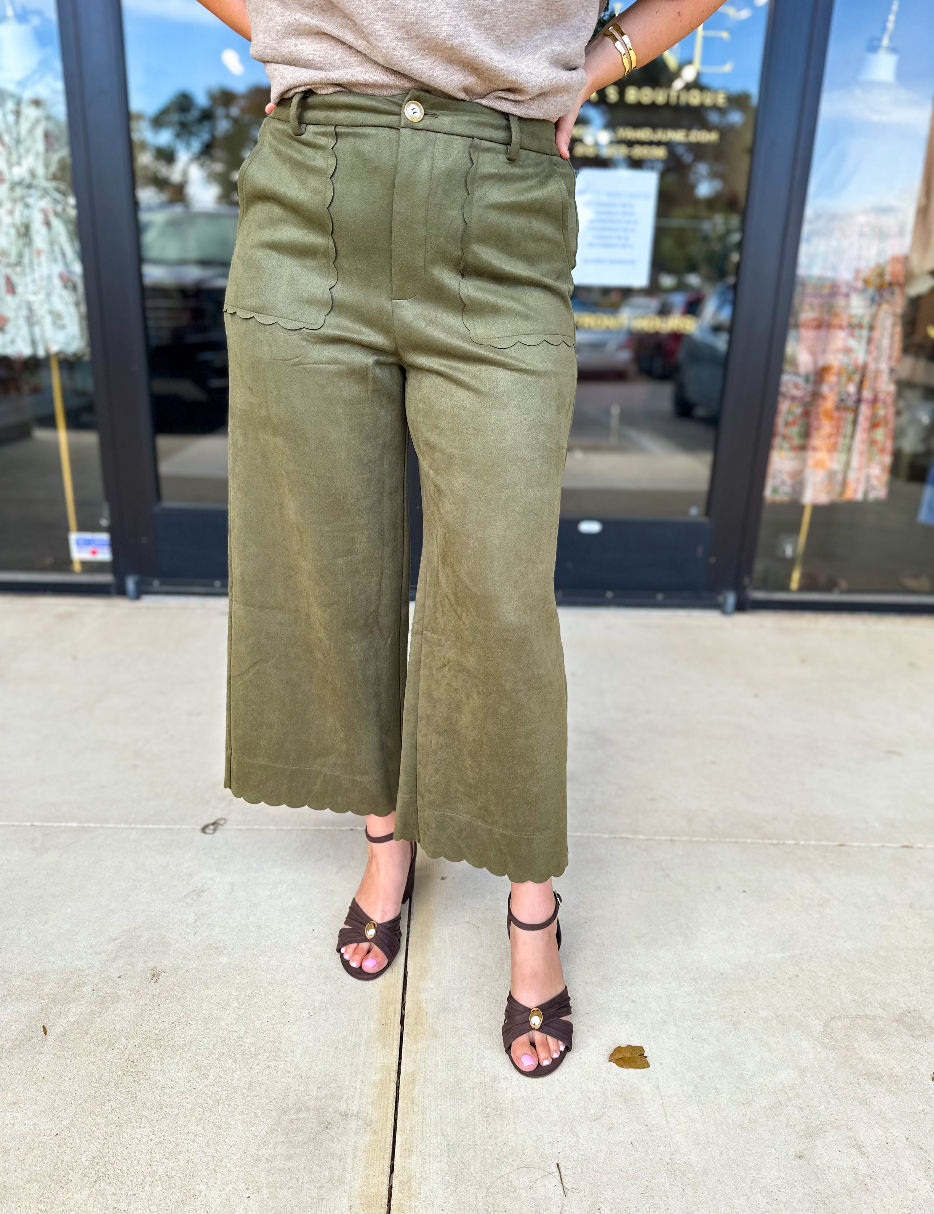 Olive Suede Scalloped Pants-400 Pants-JODIFL-July & June Women's Fashion Boutique Located in San Antonio, Texas