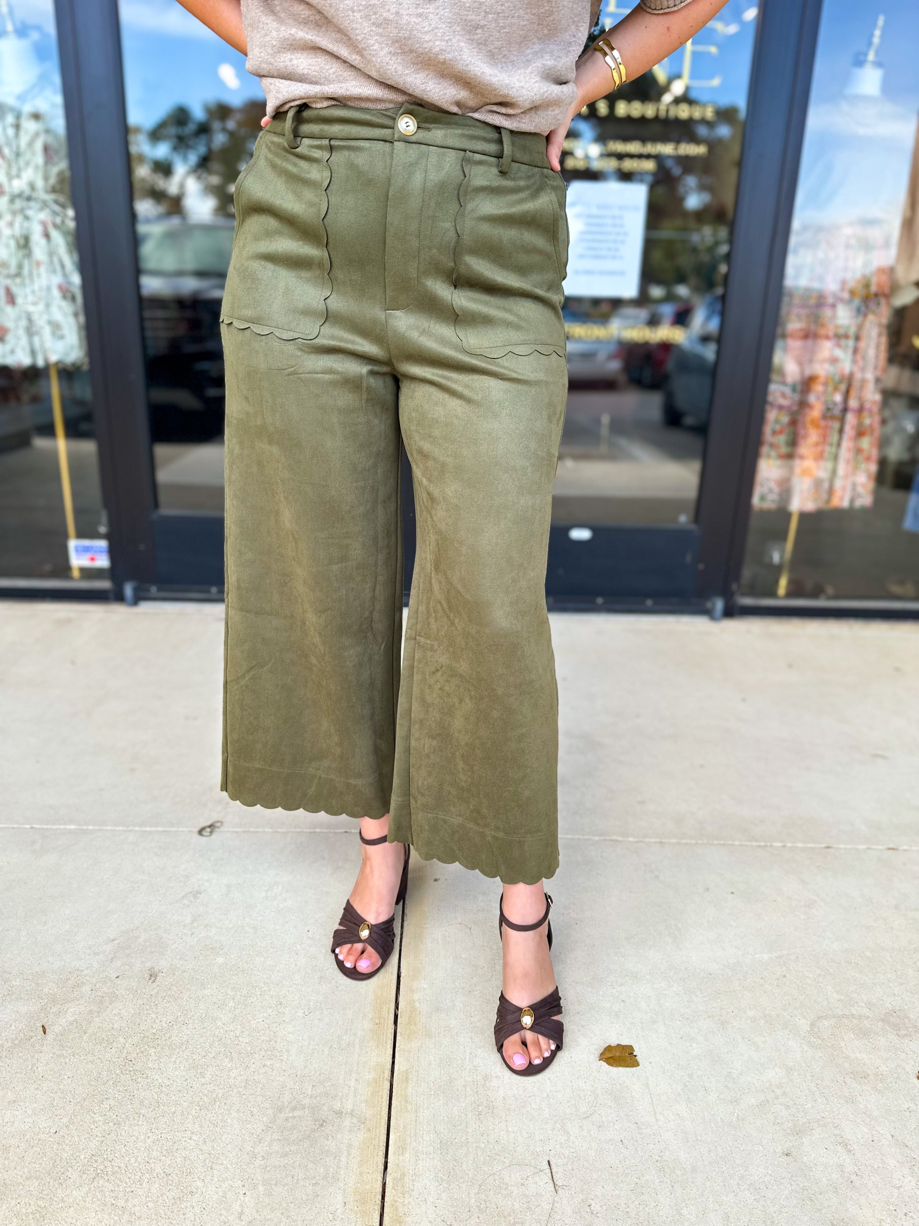 Olive Suede Scalloped Pants-400 Pants-JODIFL-July & June Women's Fashion Boutique Located in San Antonio, Texas