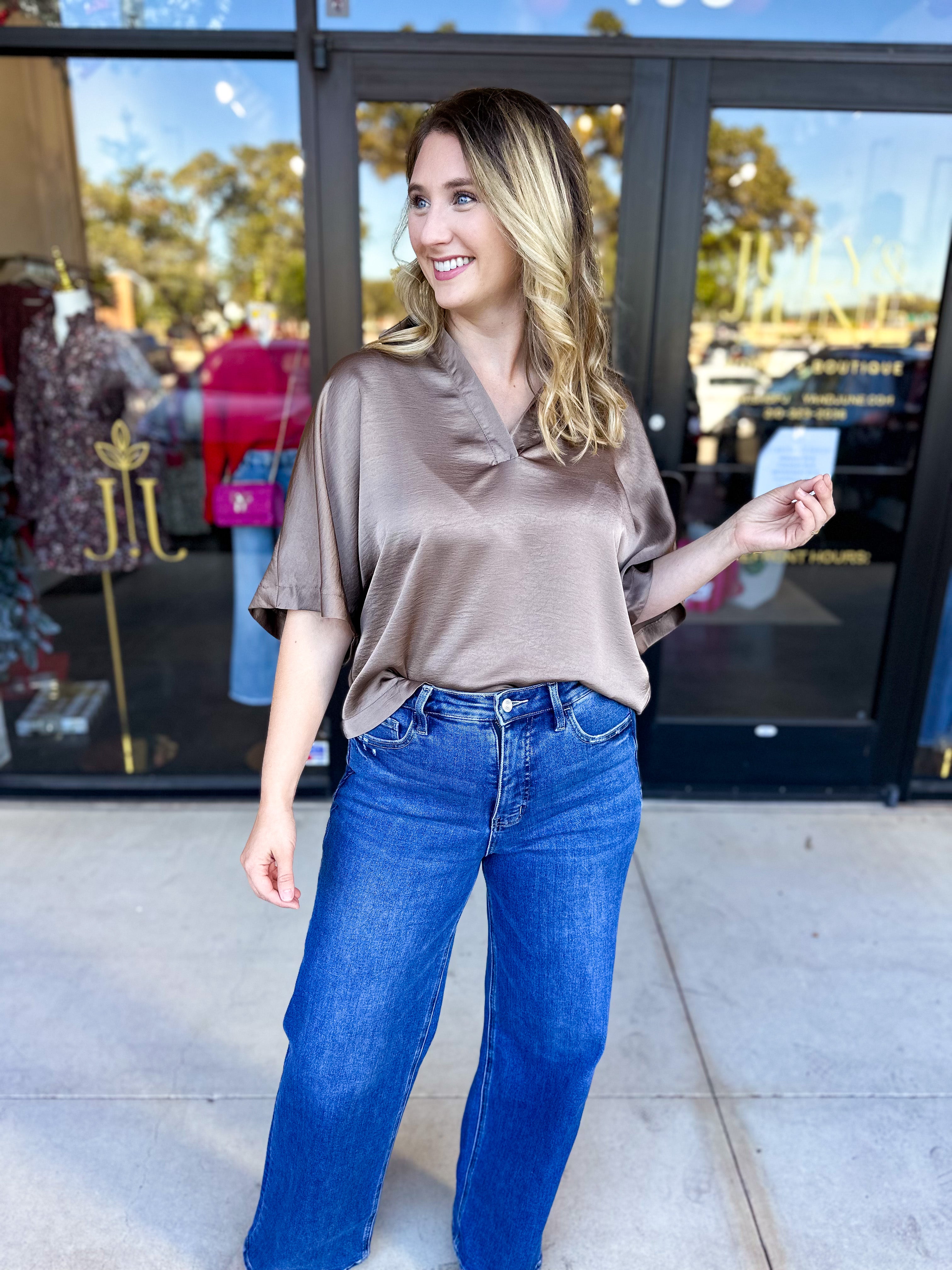 Pink Friday Doorbuster - Classic Satin Blouse - Mocha - ONLINE-PINK FRIDAY DOORBUSTERS-GLAM-July & June Women's Fashion Boutique Located in San Antonio, Texas