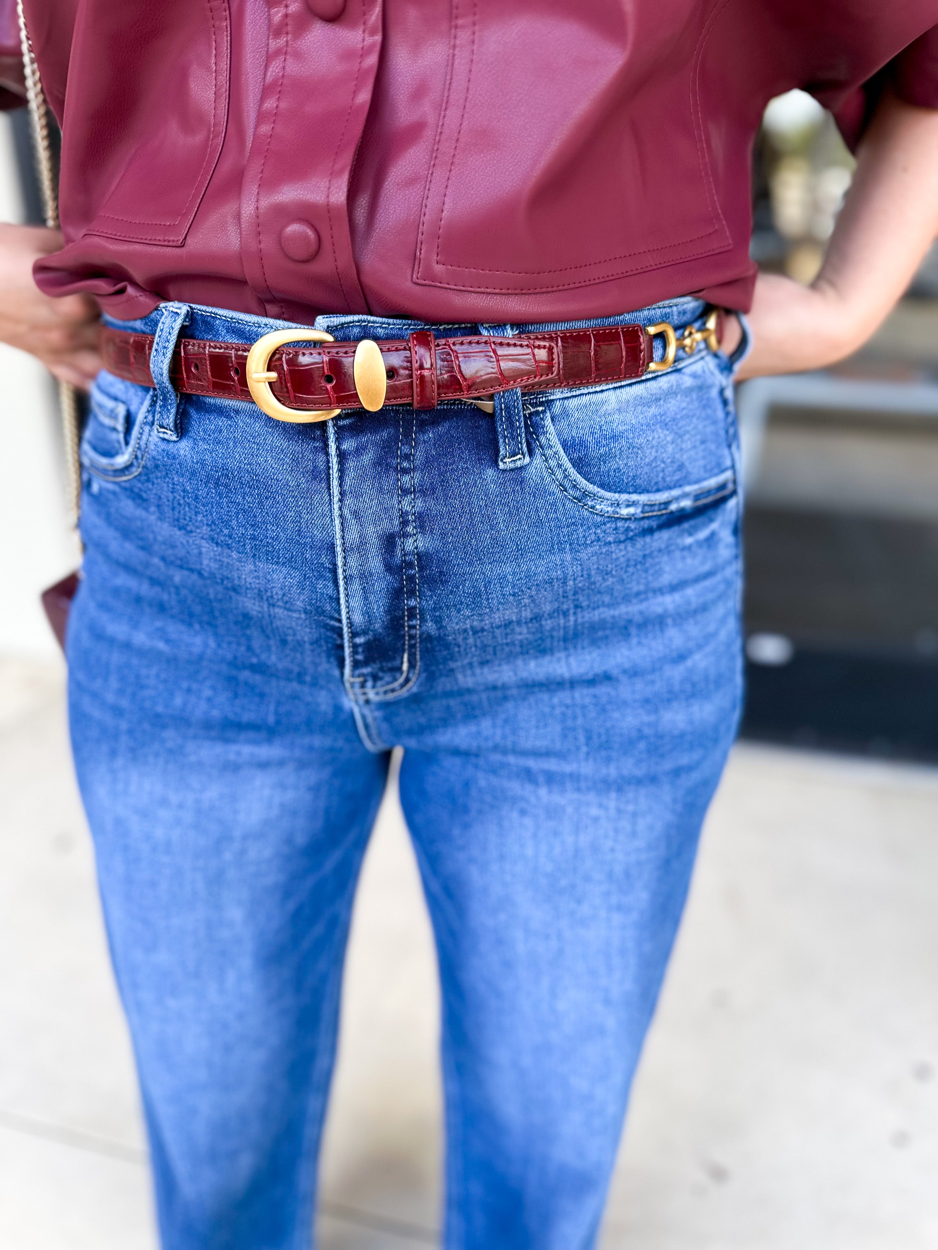 Skinny Croco Belt - Burgundy-130 ACCESSORIES-Most Wanted USA-July & June Women's Fashion Boutique Located in San Antonio, Texas