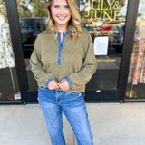 Olive & Denim Details Long Sleeve Top-210 Casual Blouses-JODIFL-July & June Women's Fashion Boutique Located in San Antonio, Texas