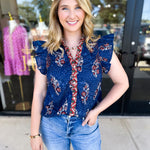 THML - Navy & Rust Blouse-200 Fashion Blouses-THML-July & June Women's Fashion Boutique Located in San Antonio, Texas