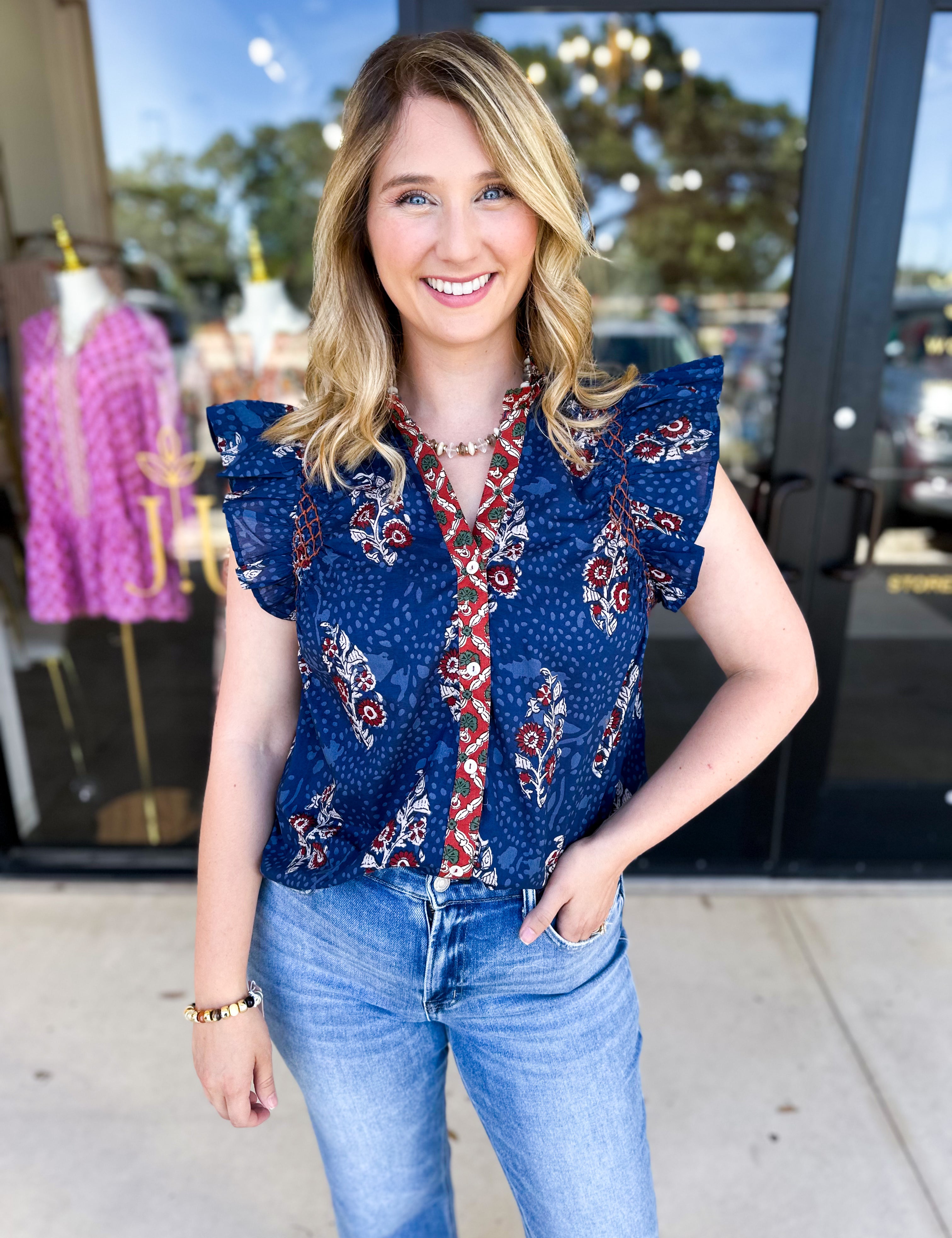 THML - Navy & Rust Blouse-200 Fashion Blouses-THML-July & June Women's Fashion Boutique Located in San Antonio, Texas