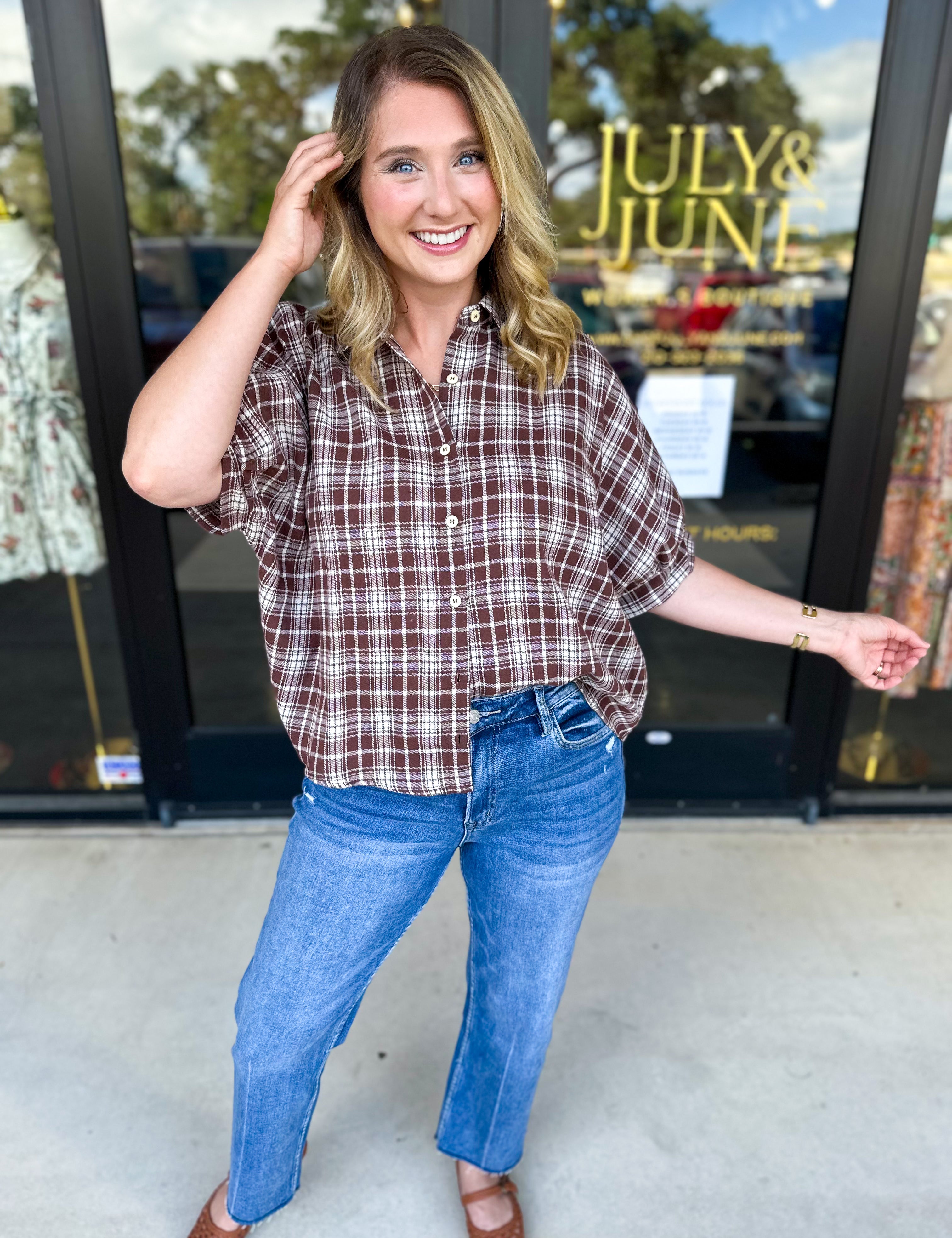 Brown Flannel Blouse-200 Fashion Blouses-POLOGRAM-July & June Women's Fashion Boutique Located in San Antonio, Texas