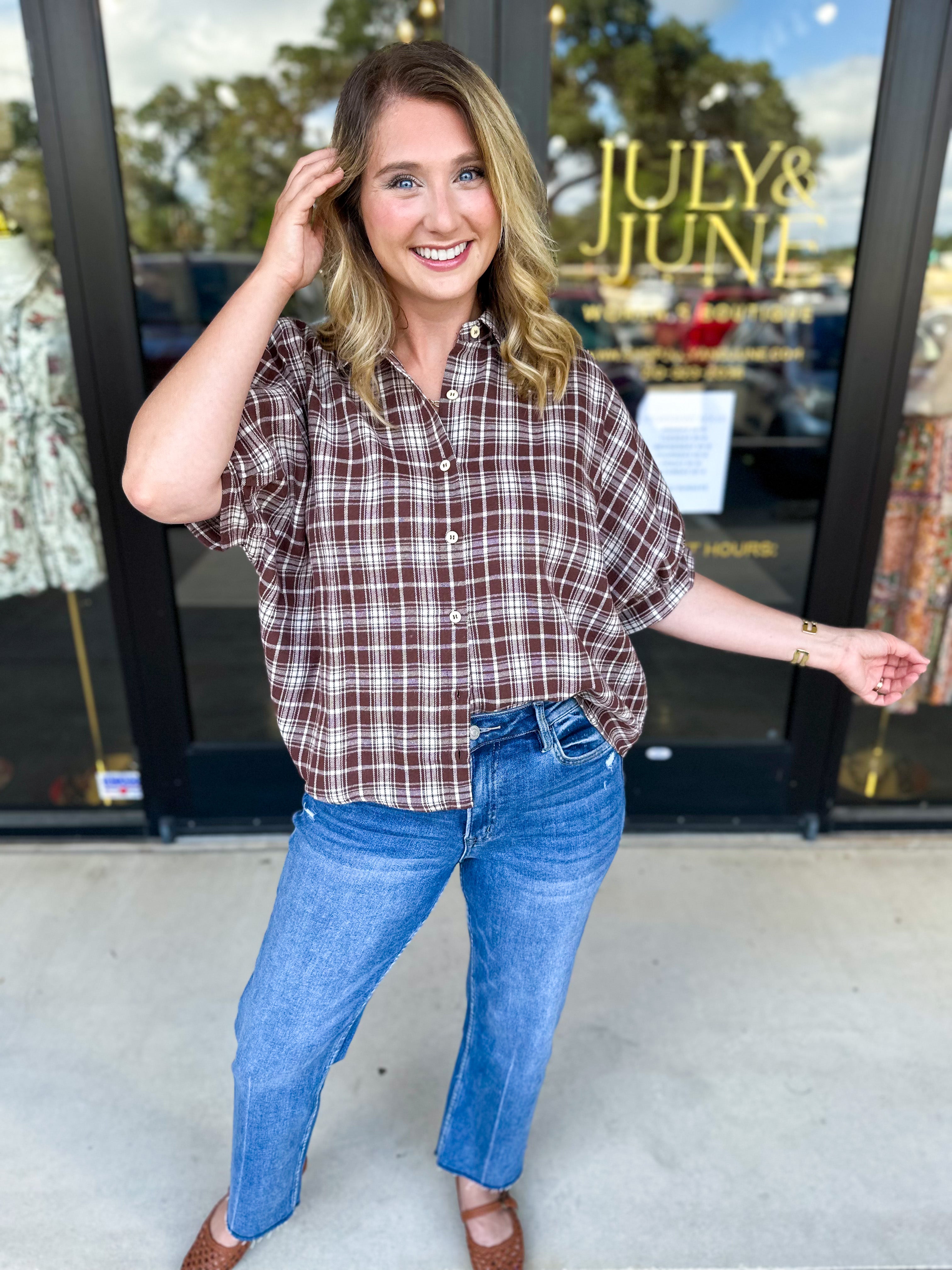 Brown Flannel Blouse-200 Fashion Blouses-POLOGRAM-July & June Women's Fashion Boutique Located in San Antonio, Texas