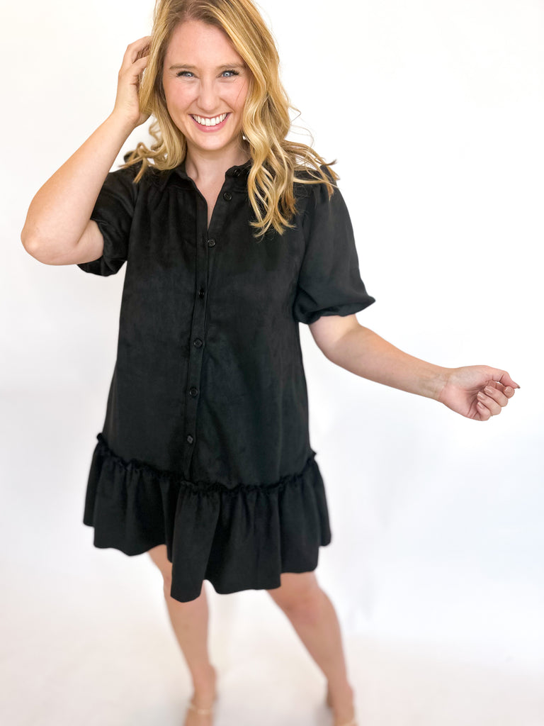 Flirty Suede Ruffle Mini Dress- Black-510 Mini-FATE-July & June Women's Fashion Boutique Located in San Antonio, Texas