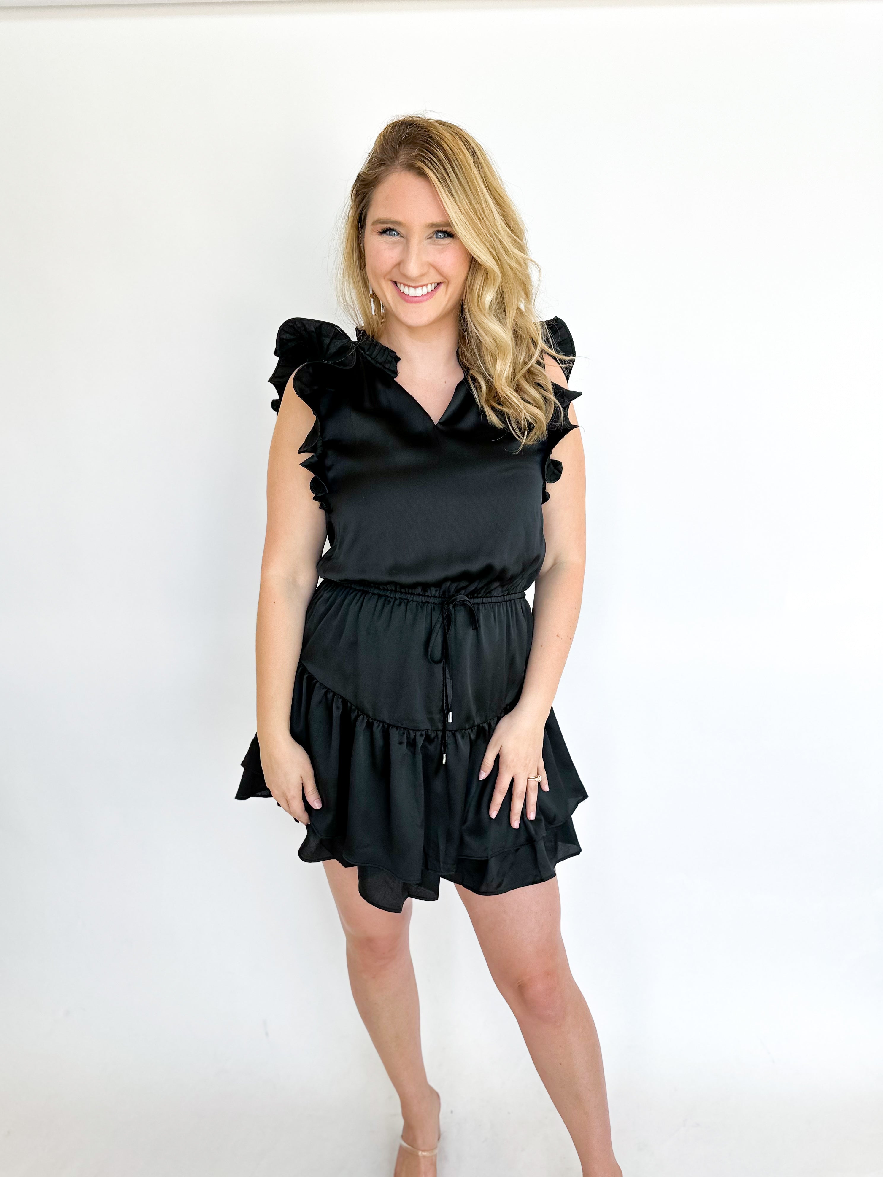 Black Satin Ruffle Mini Dress-510 Mini-ENTRO-July & June Women's Fashion Boutique Located in San Antonio, Texas