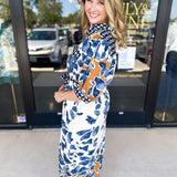 Slate Blue & Rust Watercolor Midi Dress-500 Midi-ENTRO-July & June Women's Fashion Boutique Located in San Antonio, Texas
