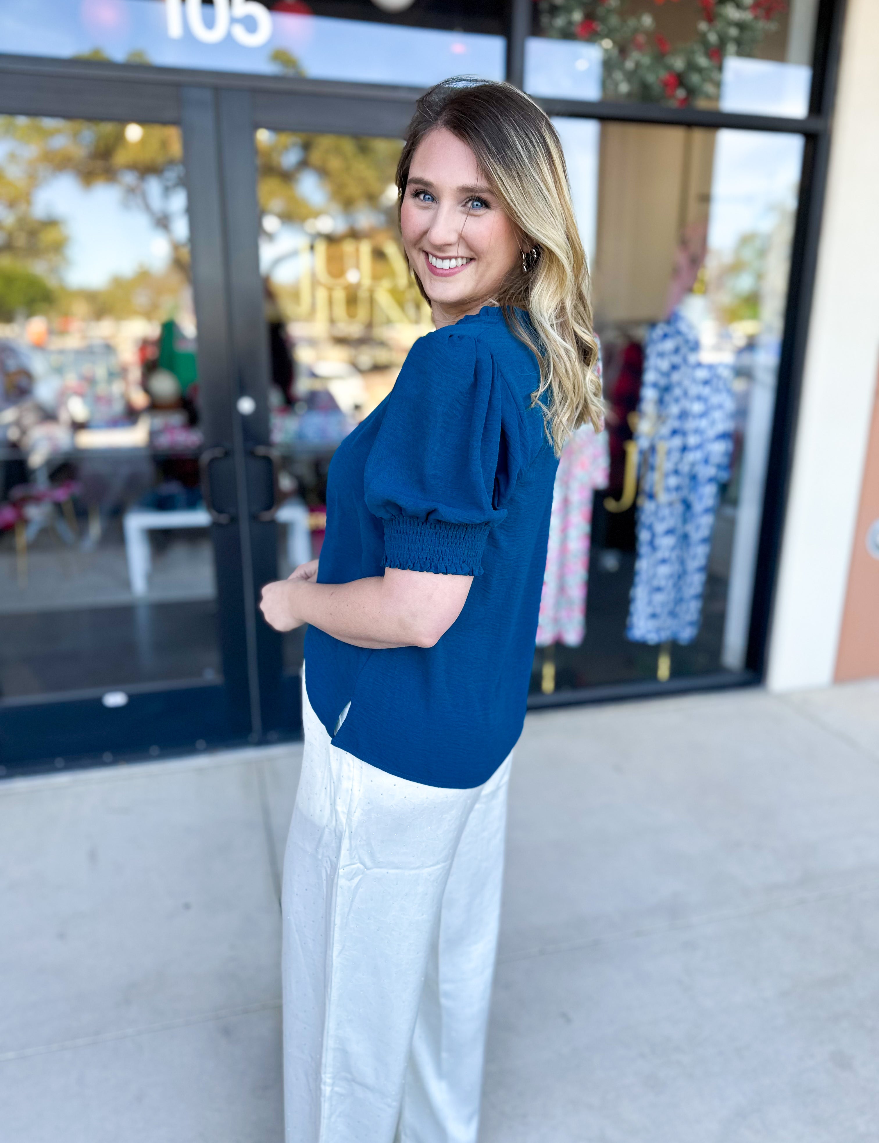 Everyday Ruffle V-Neck Blouse - Teal-200 Fashion Blouses-JODIFL-July & June Women's Fashion Boutique Located in San Antonio, Texas