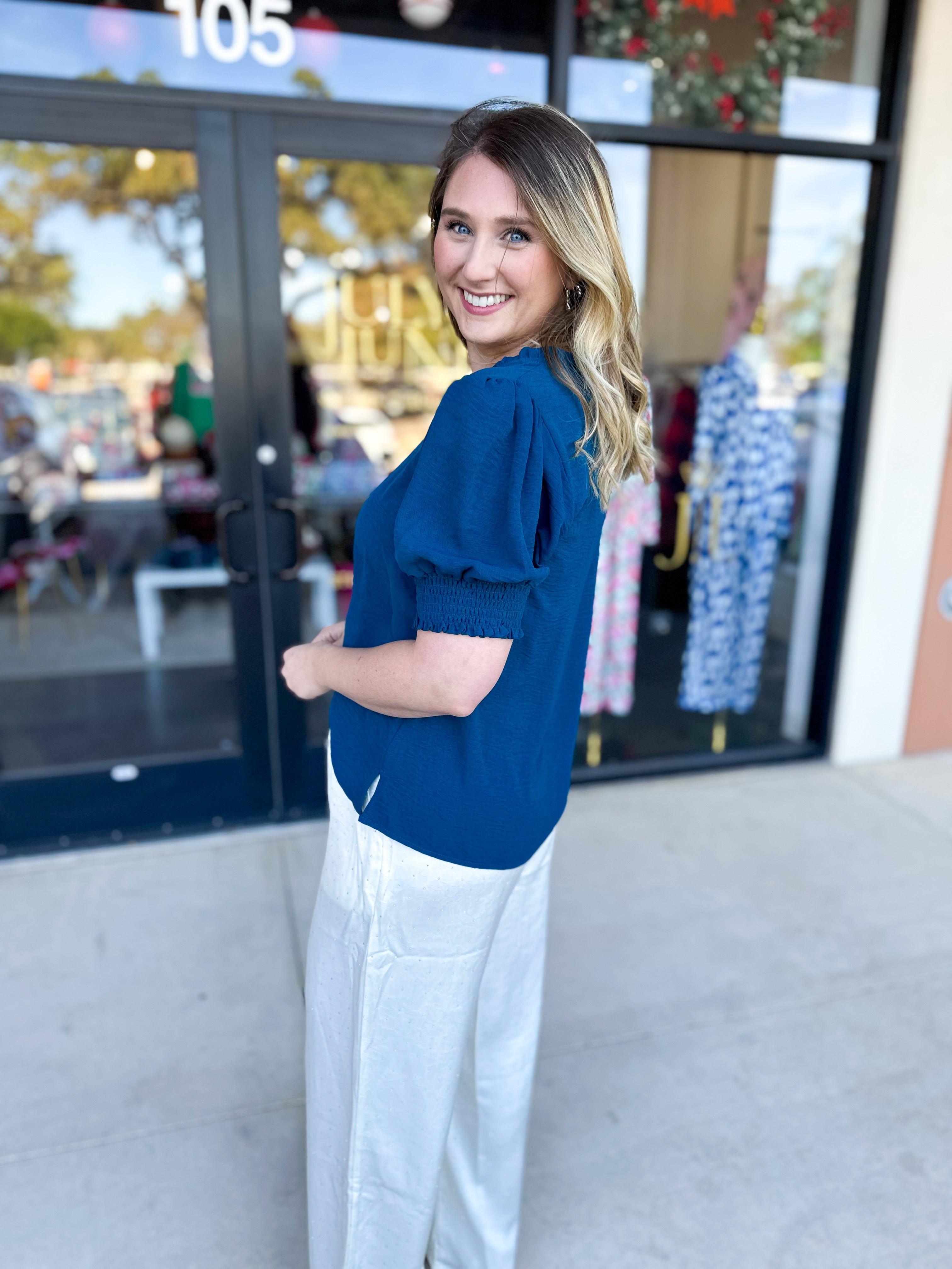 Everyday Ruffle V-Neck Blouse - Teal-200 Fashion Blouses-JODIFL-July & June Women's Fashion Boutique Located in San Antonio, Texas