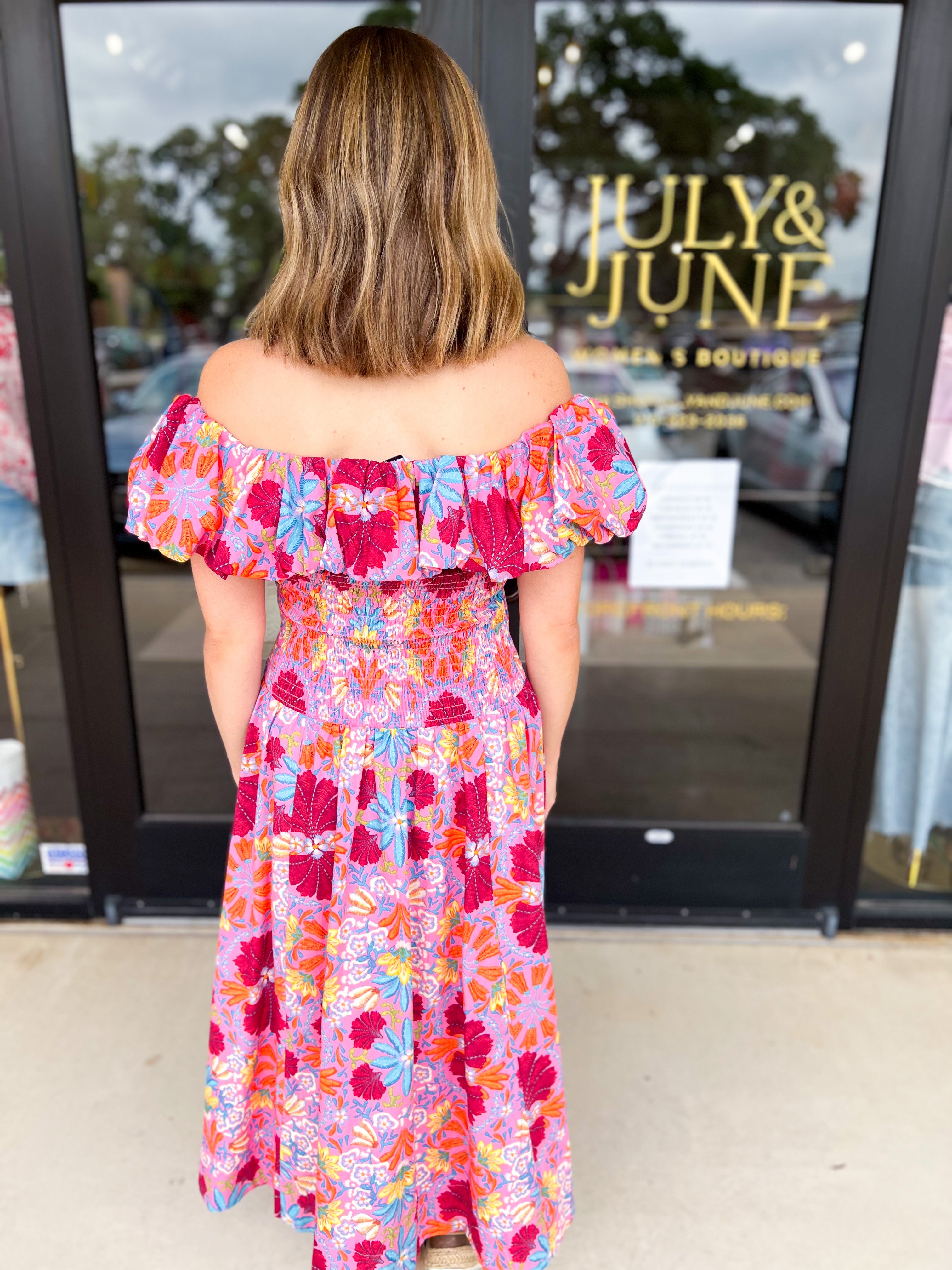 The Callie Floral Off The Shoulder Midi Dress-500 Midi-OLIVACEOUS-July & June Women's Fashion Boutique Located in San Antonio, Texas