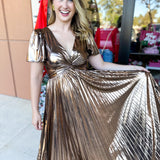 Bronze Pleated Maxi Dress-500 Midi-SKIES ARE BLUE-July & June Women's Fashion Boutique Located in San Antonio, Texas